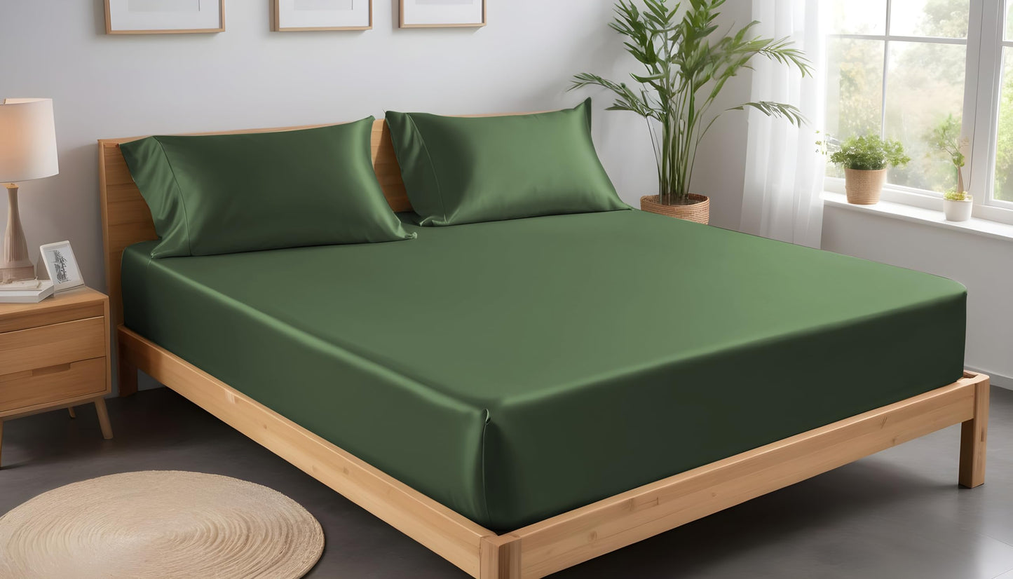 LINENWALAS Fitted Sheet Only Viscose Derived from Bamboo, Bottom Sheet for Full Size Bed – 16” Deep Pocket, All Around Snug Fit – Cooling, Breathable, Soft, Hypoallergenic (Avocado Green, Full)