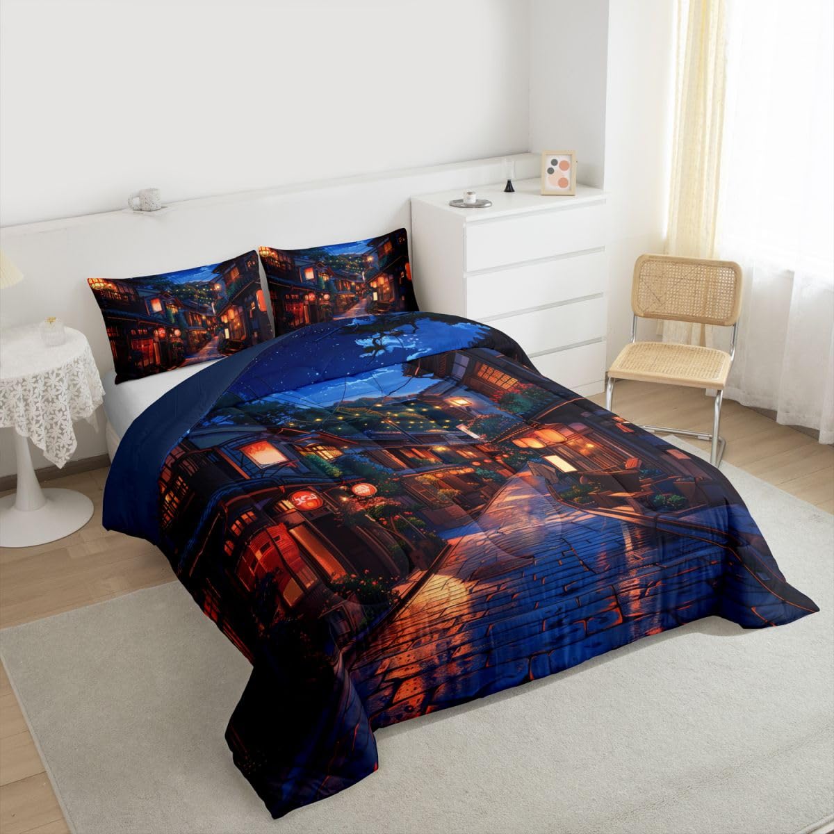 jejeloiu Japanese Comforter Set All Season Anime Street Bedding Set with 1 Pillow Cases Tokyo Modern Microfiber Kids Toddler Bedclothes Bedroom Decor Duvet Quilt Breathable Soft Lightweight