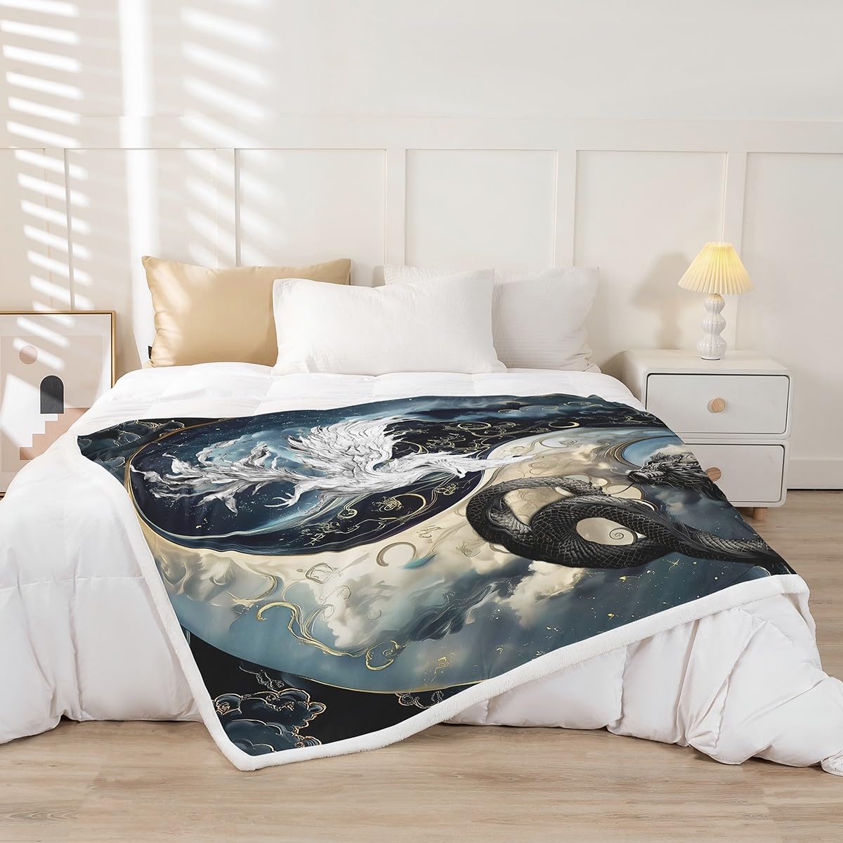 Erosebridal Dragon Sherpa Blanket Japanese Ukiyoe Throw Blanket Exotic Animal Baby 30"X40" Ancient Loong Phoenix Fleece Blanket for Boys Teen Bedroom, Yin Yang Fuzzy Blanket Bed Couch