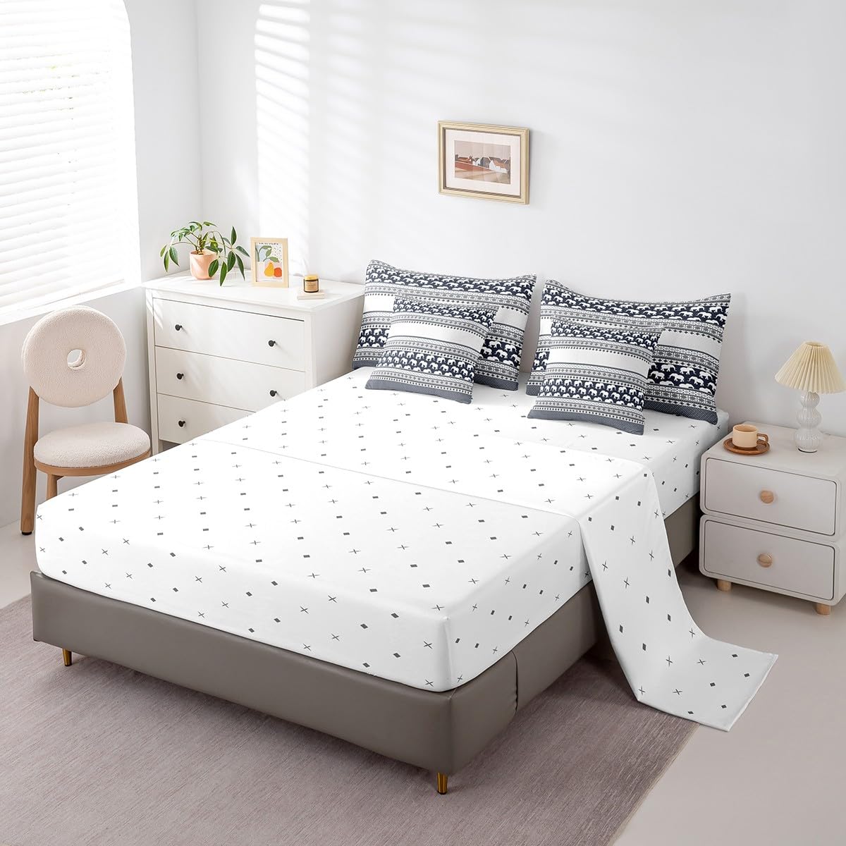 Feelyou Bohemian Elephant 7 Piece Bedding Set Full Size for Kids Boys Girls Teens Toddler Boho Exotic Style Comforter Set with Sheets Navy Blue Stripe Bed in a Bag Ethnic Elephant Print Bed Set