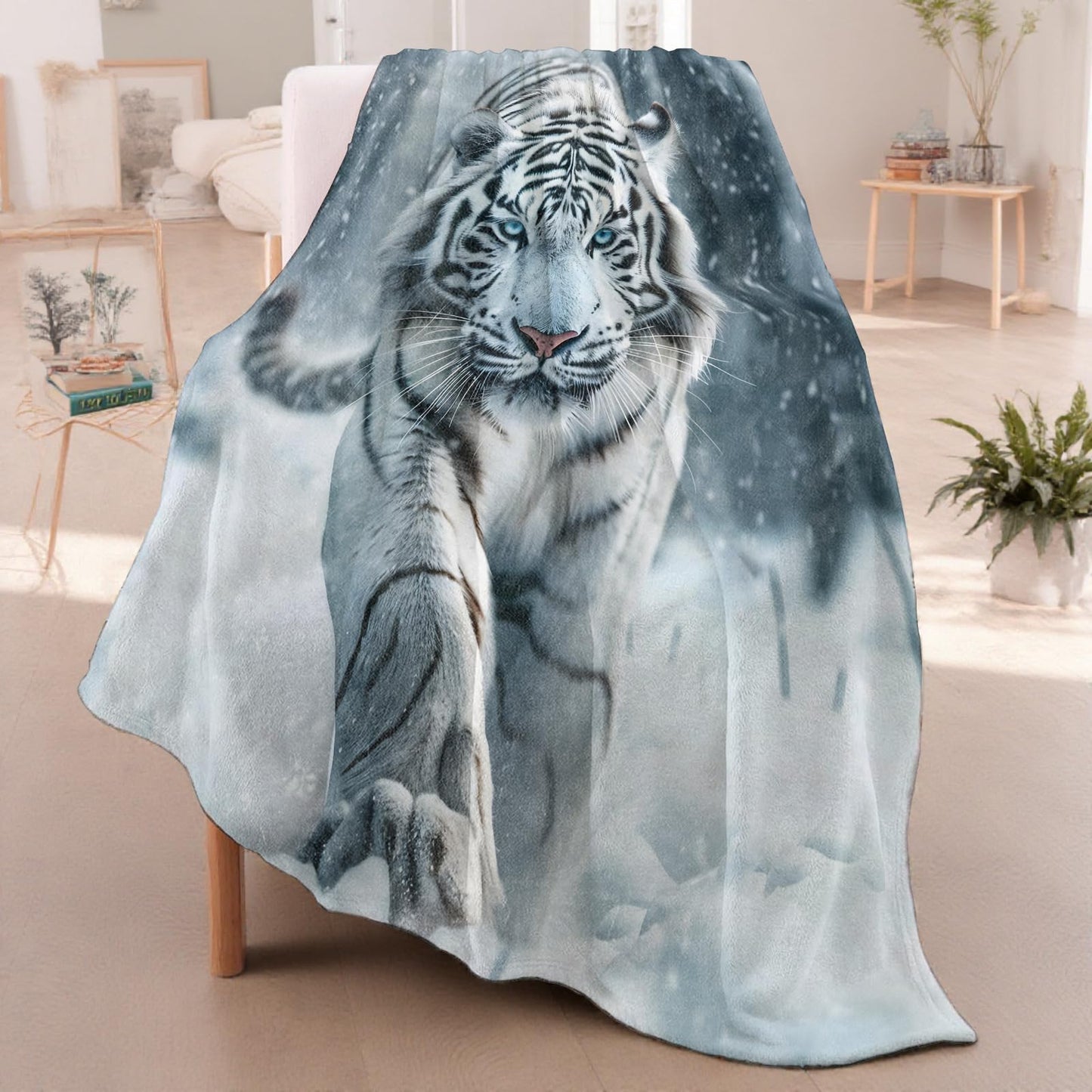 White Tiger Throw Blanket for Boys Girls Kids Adults, Cozy Snow Jungle Big Cat Theme Flannel Blankets Gifts for Camping, Bedroom, Couch, Room Home Decor, 50"x60"