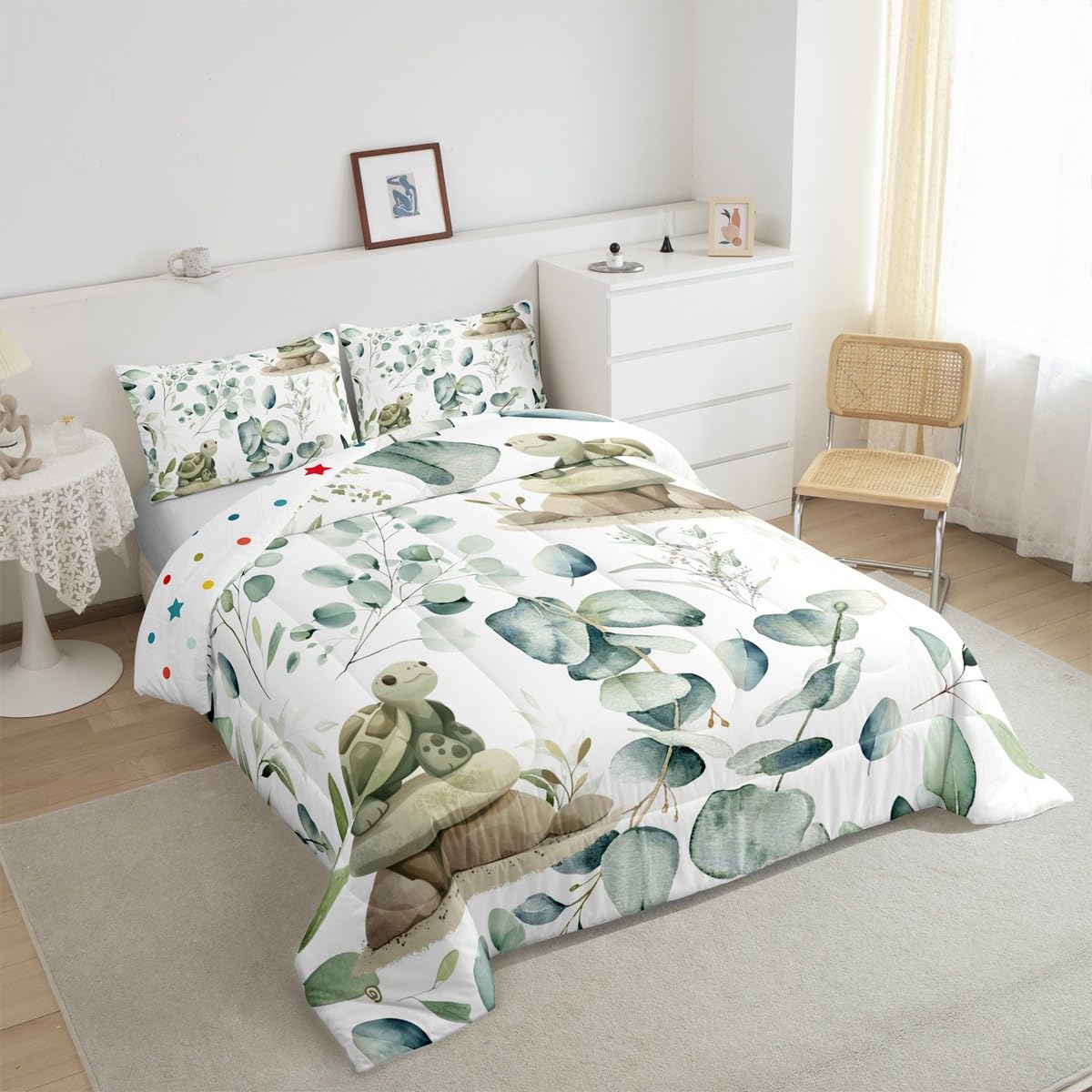 Erosebridal Kawaii Turtle Twin Comforter Set for Boys Girls Cartoon Animal Bedding Set Twin, Eucalyptus Leaves Bedding Comforter Sets Marine Wildlife Duvet Set, Tropical Plants Quilted Comforter