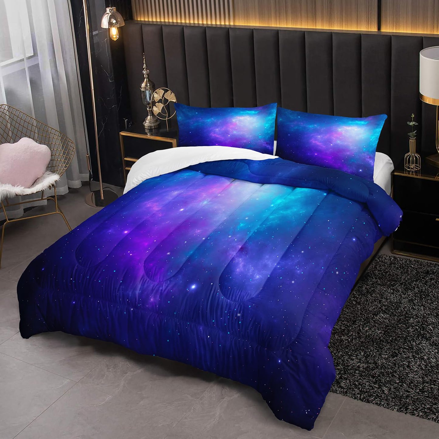 XYNHML Blue and Galaxy Comforter Full Size for Girl Boy Adult 3Pcs Universe Outer Space Starry Sky Bedding Set Psychedelic Space Night Pattern Quilt Bed Set with 2 Pillow Cases