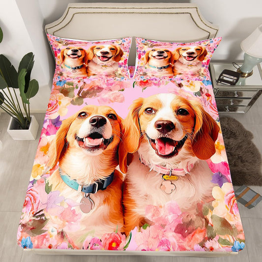 Cute Dog Toddler Fitted Sheet Kids Cartoon Puppy Dog Bed Sheet Set for Children Boys Girls Pink Colorful Floral Bedding Set Kawaii Animal Bed Cover Lovely Pet Bedroom Decor Twin Size 2Pcs