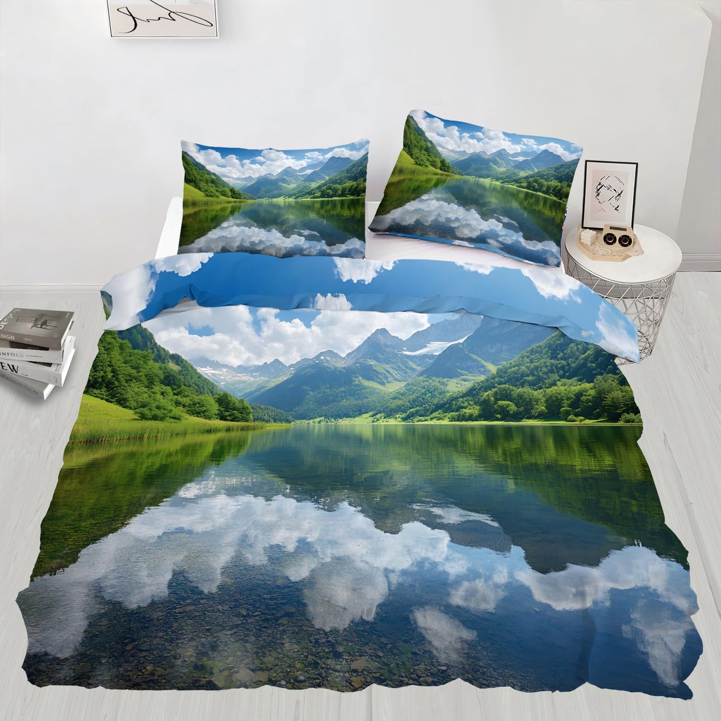 PAISUOQ Landscape Duvet Cover Full, Lakes and Mountains Bedding, Nature Landscape Comforter Cover with 2 Pillow Cases, 3 Pieces with Zipper & Ties, Bedroom Decor & Gifts