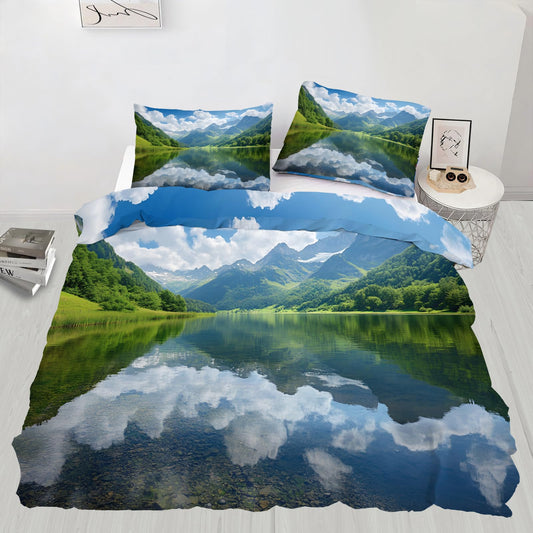 PAISUOQ Landscape Duvet Cover Full, Lakes and Mountains Bedding, Nature Landscape Comforter Cover with 2 Pillow Cases, 3 Pieces with Zipper & Ties, Bedroom Decor & Gifts