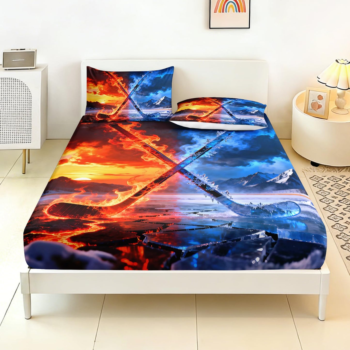 HOSIMA Hockey Bedding Queen for Kids,Hockey Stick Wrapped in Ice and Flame,Different Background Pattern Sports Fitted Sheet for Boys Room Decor,1 Fitted Sheet+2 Pillowcases.