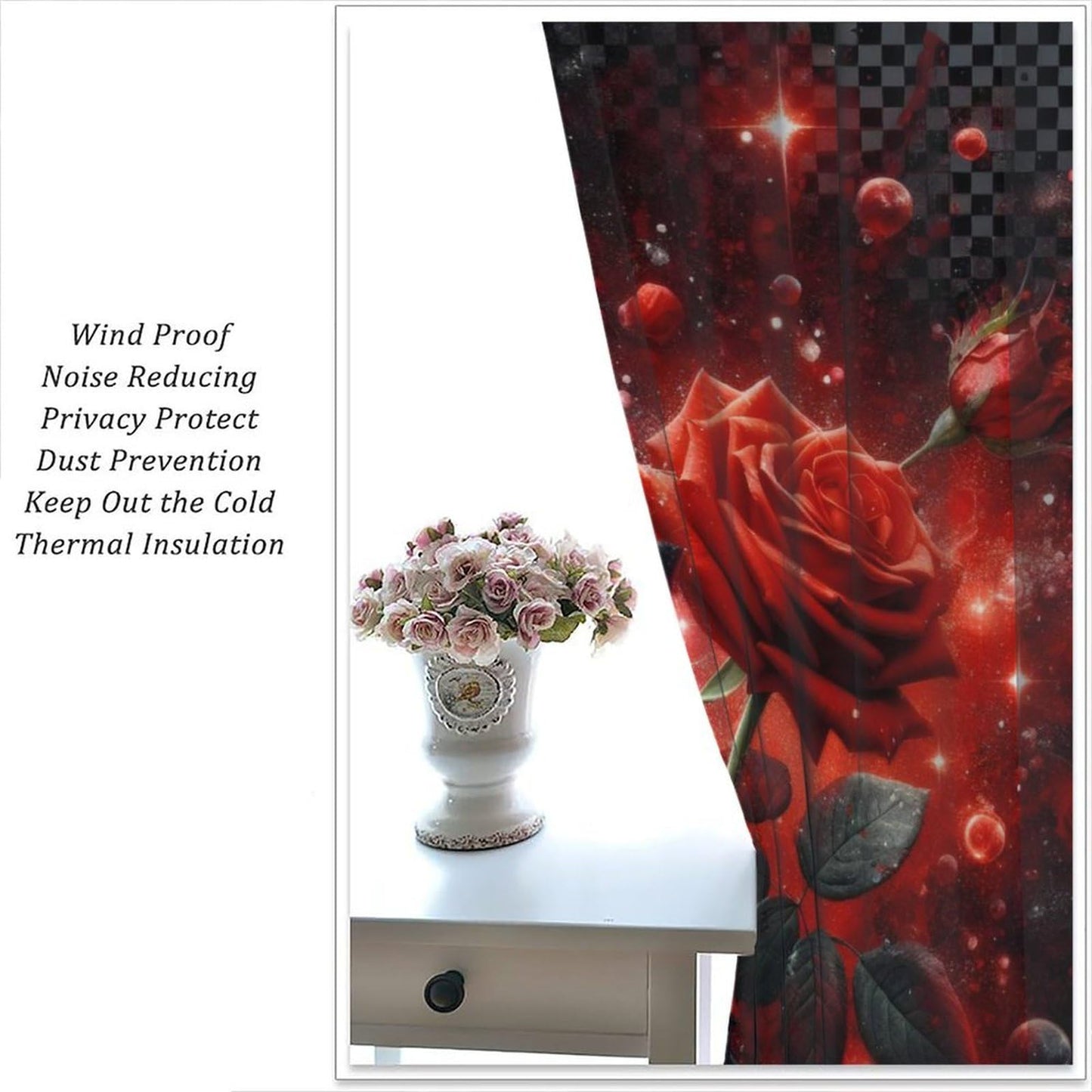 GoDazzling Red Rose Curtains, Valentine's Day Red Rose Abstract Modern Art Black Red Vintage Window Drapes, for Bedroom Living Room 41" W X 45" L (No Blackout)