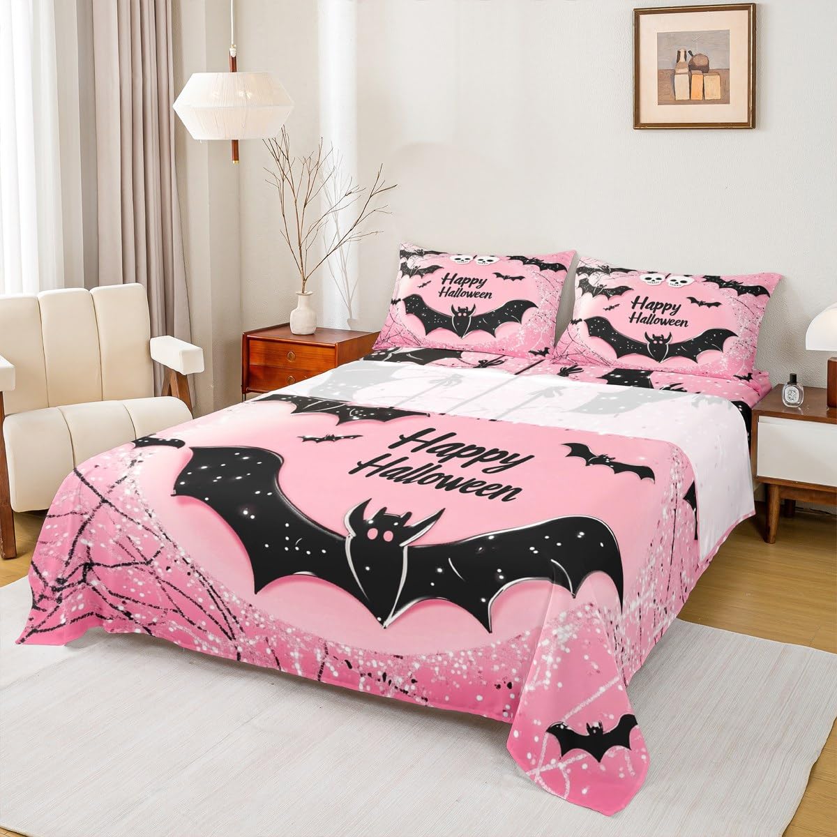 Feelyou Kids Happy Halloween Bed Sheets Set Full Size, Black Bat Bedding Set Boys Girls Pink Sheet Set Spider Web Teens Bedroom Decor Microfiber Soft Bed Set