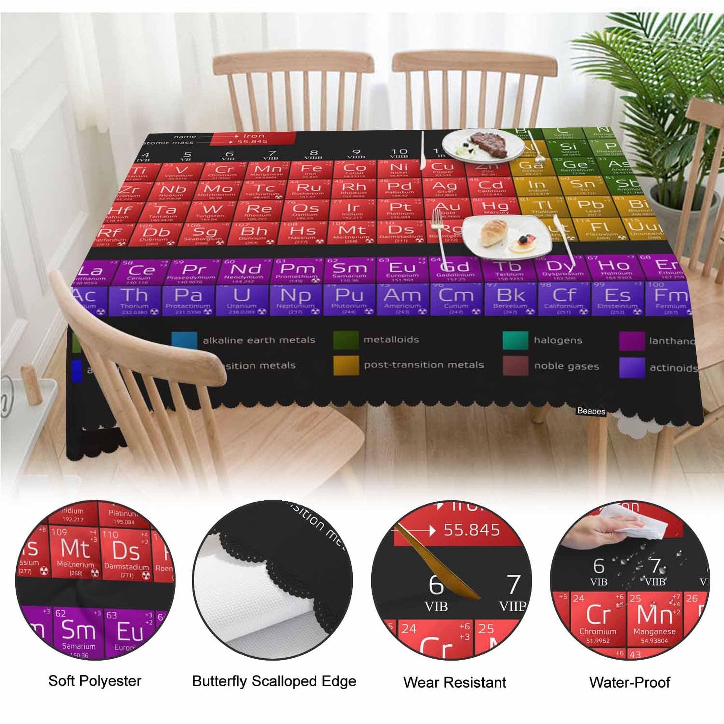 Beabes 52x70 Inch Tablecloth Periodic Table of The Elements, Chemistry Atomic Number Non-Fading Table Covers Kitchen Dinning Tabletop Decoration, Washable Table Cloth for Outdoor and Indoor Use