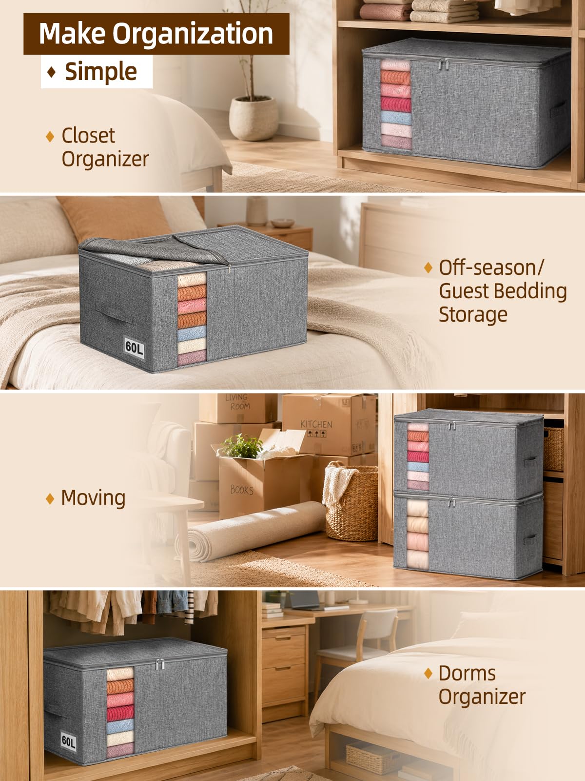 boailydi 60L Blanket/Comforter Storage Bag w/Rigid Side & Bottom Support, Stackable Clothes Storage Bin for Sweaters Bedding Sets Quilts Pillows, Closet Organizer, 21.7x14.2x11.8in, 2 Pack, Gray