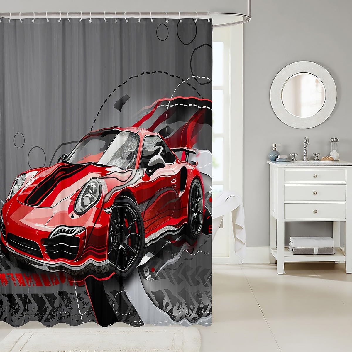 Red Race Car Fabric Bathroom Shower Curtain Sports Car Waterproof Shower Curtains Kids Boys Extreme Sport Gorgeous Shower Curtain Accessories with Hooks Speed Automobile Decor Curtains,72x72 Inches