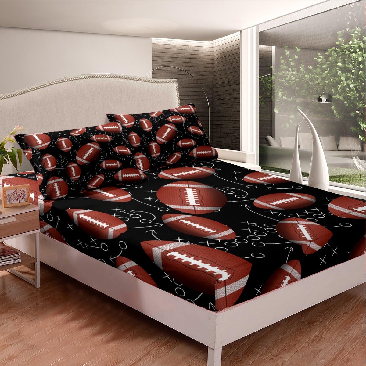 3D American Football Bed Sheet Set Twin Size,Chic Ball Sports Theme Sheets for Kids Boys,Rugby Game Bedding Set (1 Top Flat Sheet+1 Fitted Sheet+1 Pillowcase)