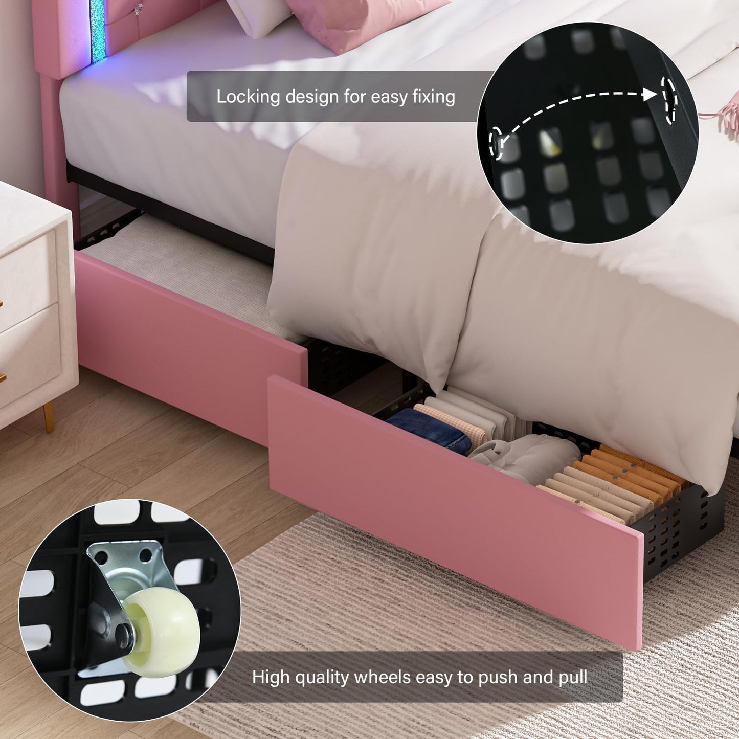 BarnFurin Full Size Bed Frame with LED Lights, Upholstered Bed Frame with Storage Drawers, Princess Platform Bed with Diamond Headboard and Footboard, No Box Spring Needed, Pink