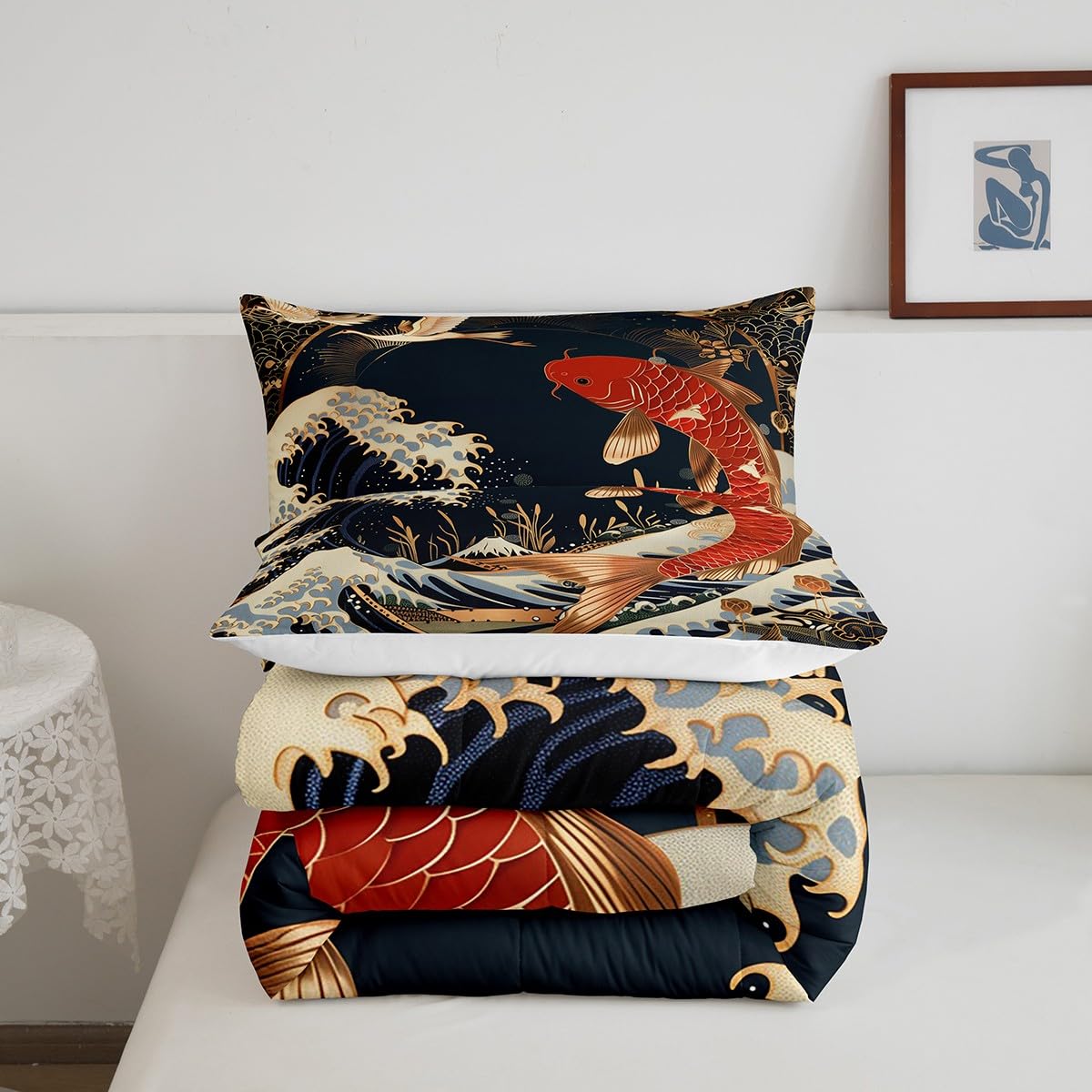 Erosebridal Red Koi Fish Bedding Full Size Oriental Crane Comforter Set Full, Japanese Ukiyo-E Duvet Insert Marine Sea Wave Quilt Comforter, Wild Animal Wildlife Bedding Comforters & Sets