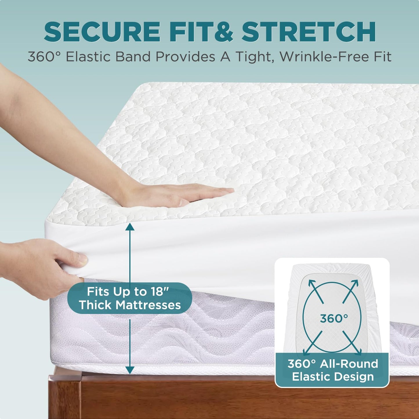 5-Sided Waterproof Mattress Protector, Full Size Quilted Bamboo Rayon Mattress Cover, Breathable Cooling Noiseless Bed Fitted Sheets, Soft Bedding Pad with Deep Pocket Up to 18"