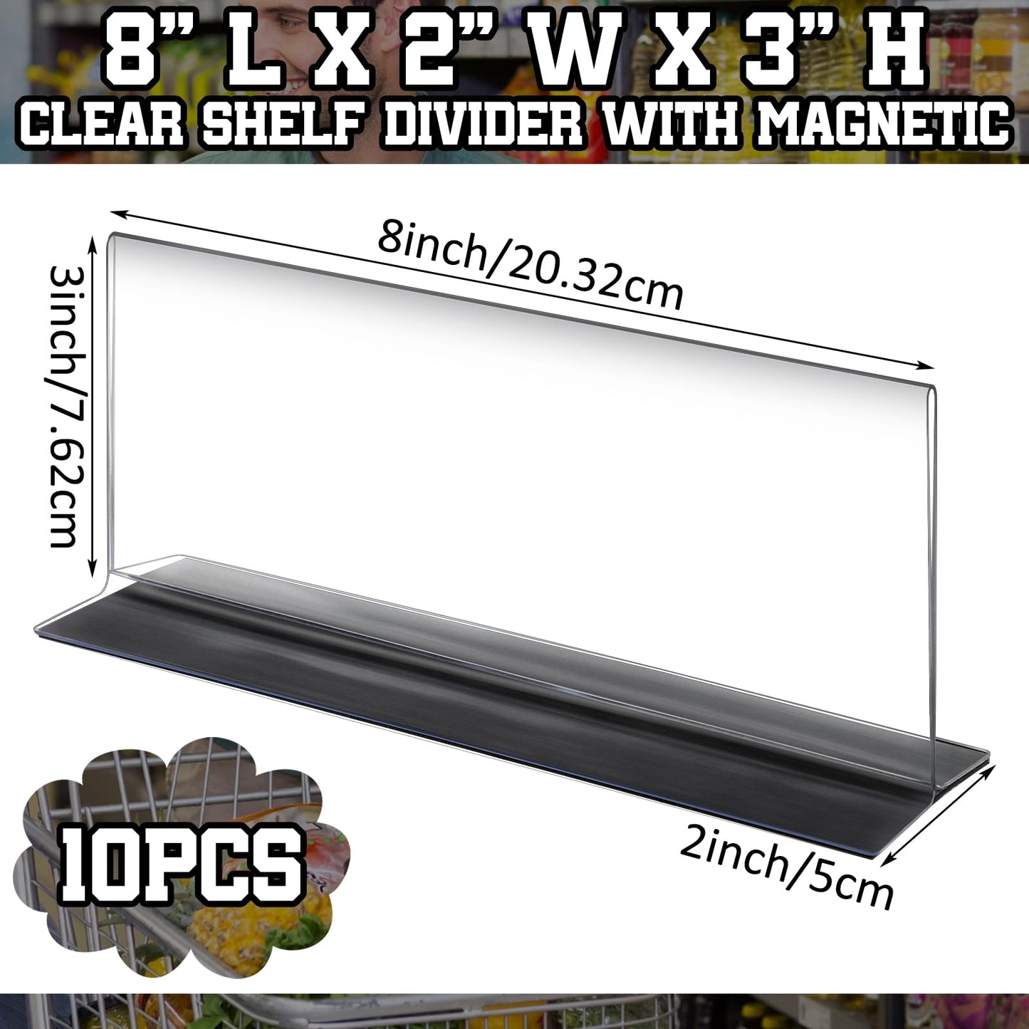 Geelin 10 Pcs Clear Shelf Divider with Magnetic 8" L x 2" W x 3" H Plastic Shelf Separator Closet Divider, Clapboard Baffle for Storage Bedroom Bathroom Kitchen Office Supermarket Organization