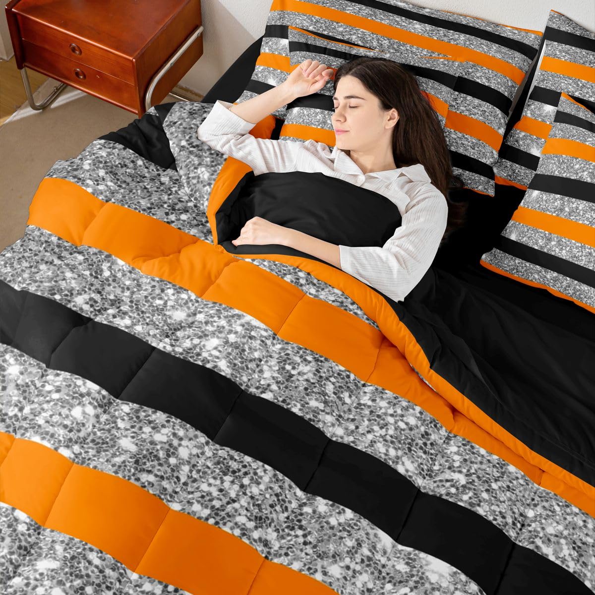 Feelyou Orange Black Comforter Set with Sheets 7 Piece Full Size Stripes Bed in a Bag Kids Boys Girls Glitter Bedding Set Geometric Bedroom Decor Breathable Soft Lightweight Microfiber