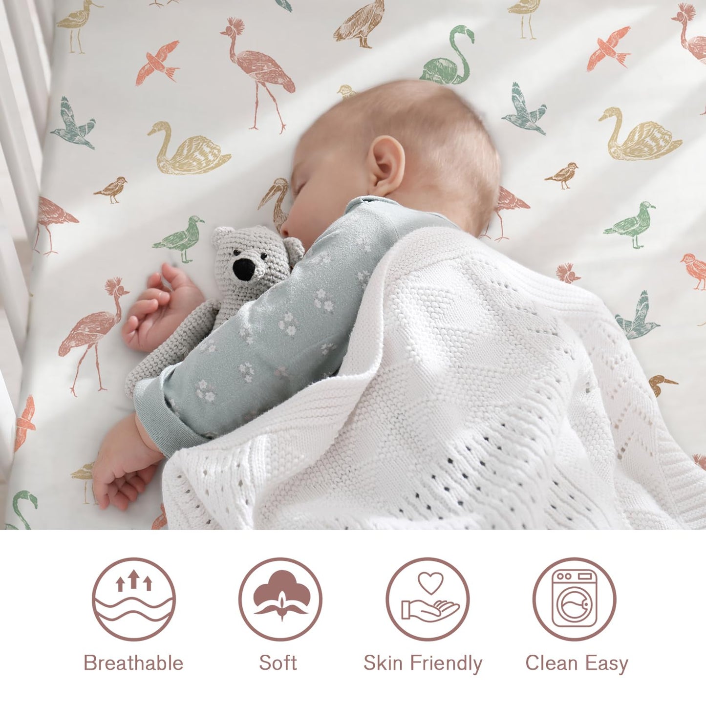 Little Grape Land Crib Sheets for Boys and Girls, 2pk Baby Crib Fitted Sheet for Standard Size Crib and Toddler Mattress, Super Soft Baby Sheet, Wetland Birds