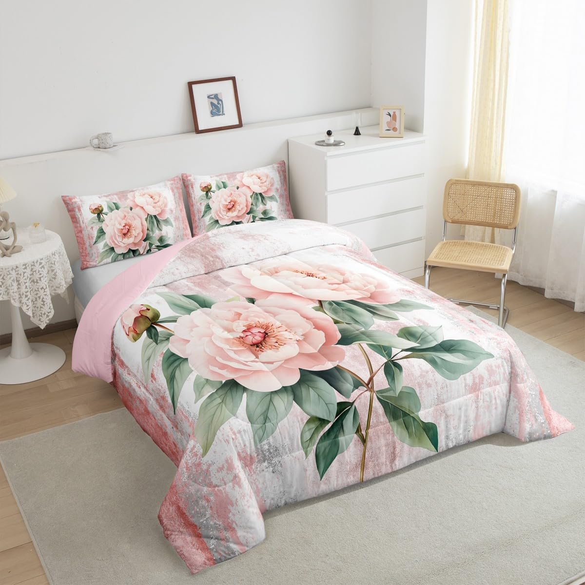 Erosebridal Pink Peony Flower Queen Comforter Set Spring Blossom Bedding Set Abstract Oil Painting Bed Set Watercolor Floral Rustic Farmhouse Quilt Set Ombre Pink Grey Design for Adults