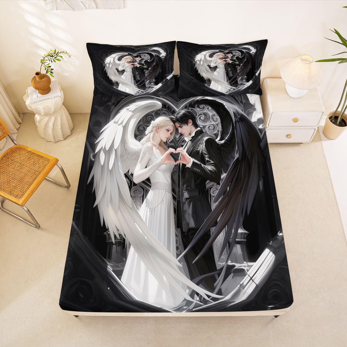 Erosebridal Angel Wings Sheet Set Full Black and White Angel Bed Sheets Set Romance Love Sheets for Boys Girls Princess Fairy Style Flat Fitted Sheet with 2 Pillow Cases