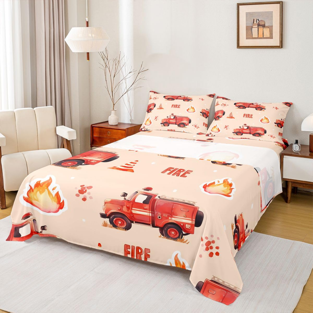 Cartoon Car Kids Fire Truck Sheets with Deep Pocket Fitted Sheet for Boys Firefighter Bed Sheets Breathable Firemen Car Vehicle Fire Engine Cute Bear Bedding Set Room Decor Full Size