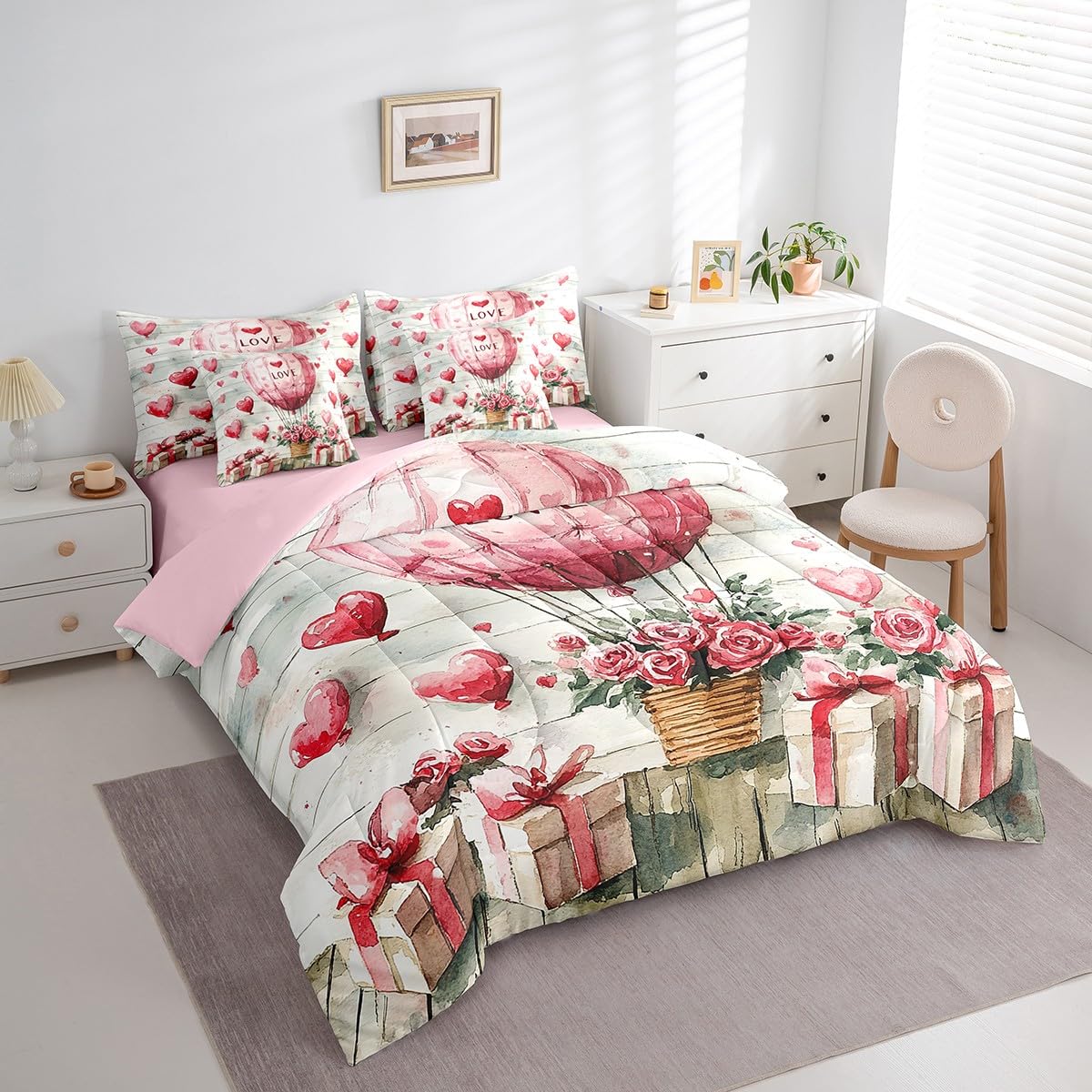 Erosebridal Hot Air Balloon Comforter Set Romantic Roses Valentine's Day Full Bed in A Bag Pink Love Balloon Gift 7 Piece Bedding Set Watercolor Strip Couple Bed Set for Teen Adults Men Women