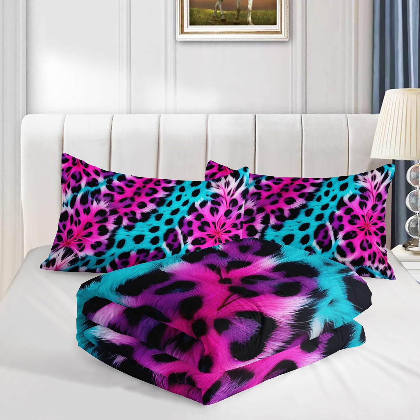 QOOMO 3Pcs Leopard Print Comforter Set Twin,Cheetah Bedding Set for Teens Boys Girls,Pink and Blue Printed Comforter with 2 Pillowcases,Down Alternative,Soft and Lightweight