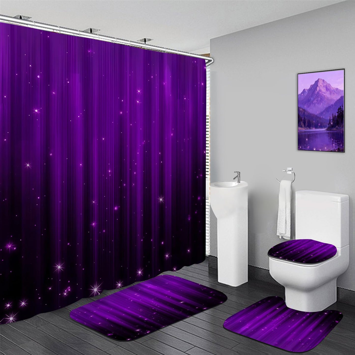 Yddsky 4 Pcs Purple and Black Shower Curtain Sets Non-Slip Rugs Bath Mat Toilet Cover, U-Shaped Mat, Gradient Shower Curtain with 12 Hooks, Black and Purple Bathroom Set
