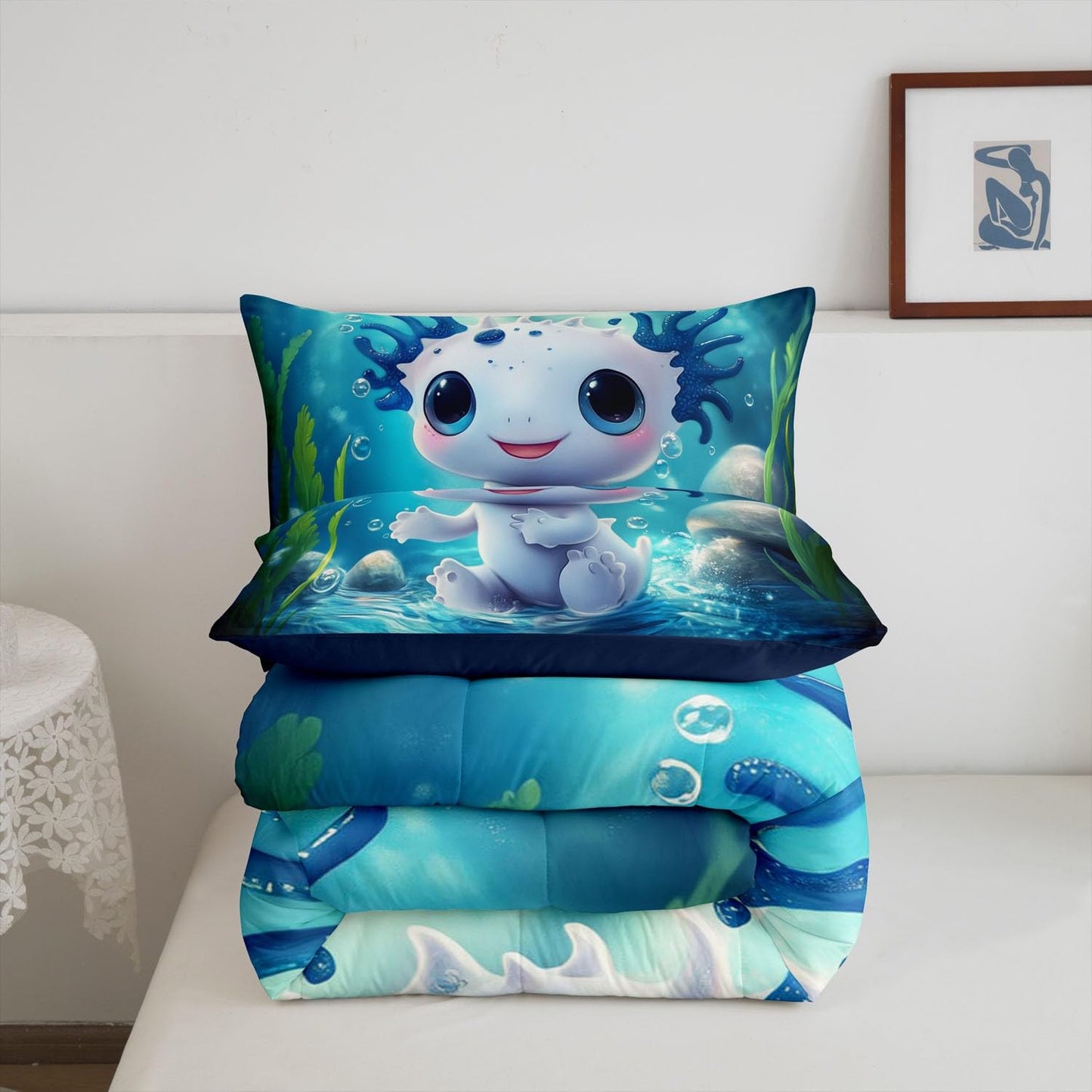 Feelyou Cute Axolotl Comforter Set Twin Size Kids Kawaii Ocean Sealife Bedding Set for Boys Teens Blue Cartoon Salamander Comforter Gift for Girls Women Duvet Set Sunshine Quilt Set