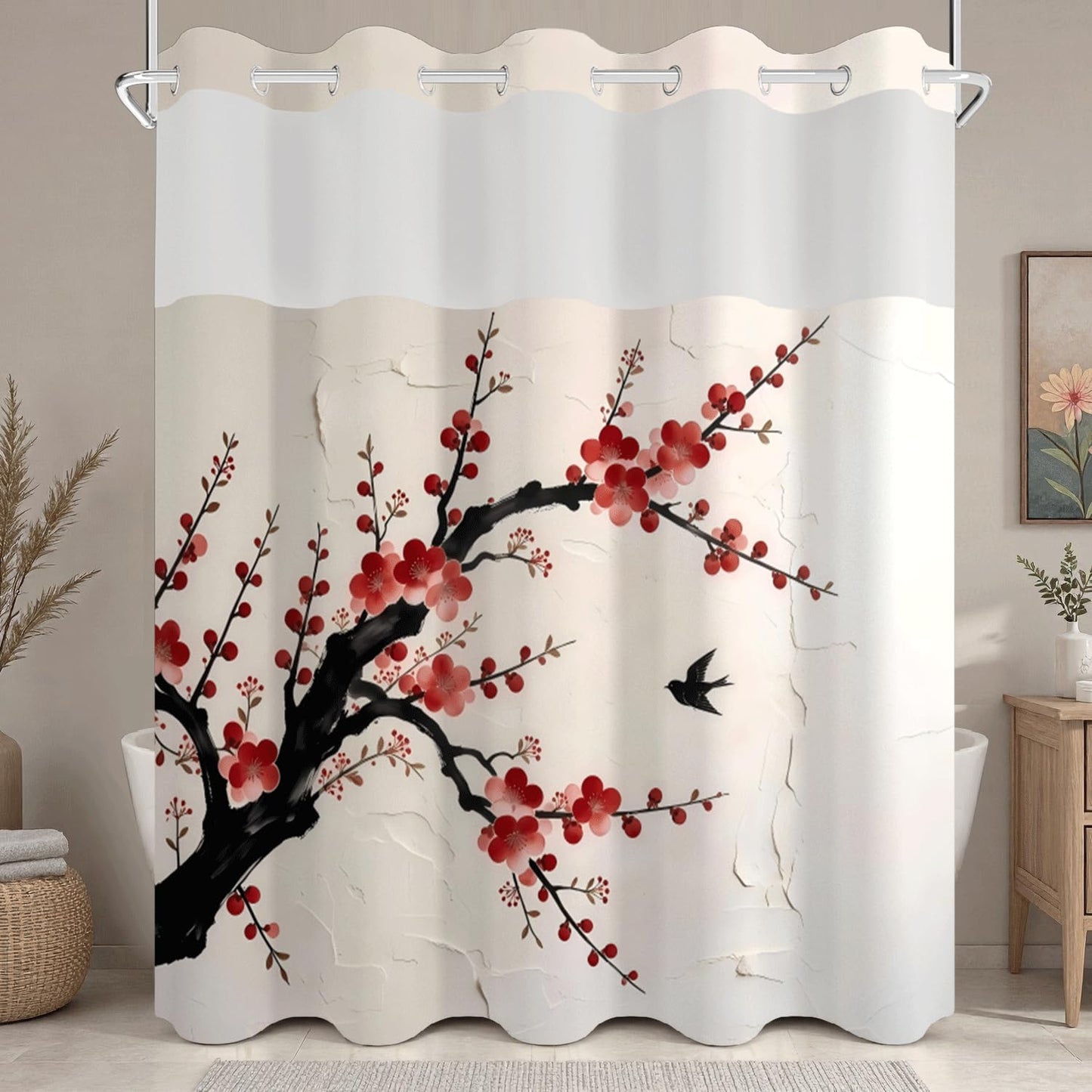 Xiazhilaio Plum Blossom Shower Curtain with Snap in Liner, 71x74 Inch