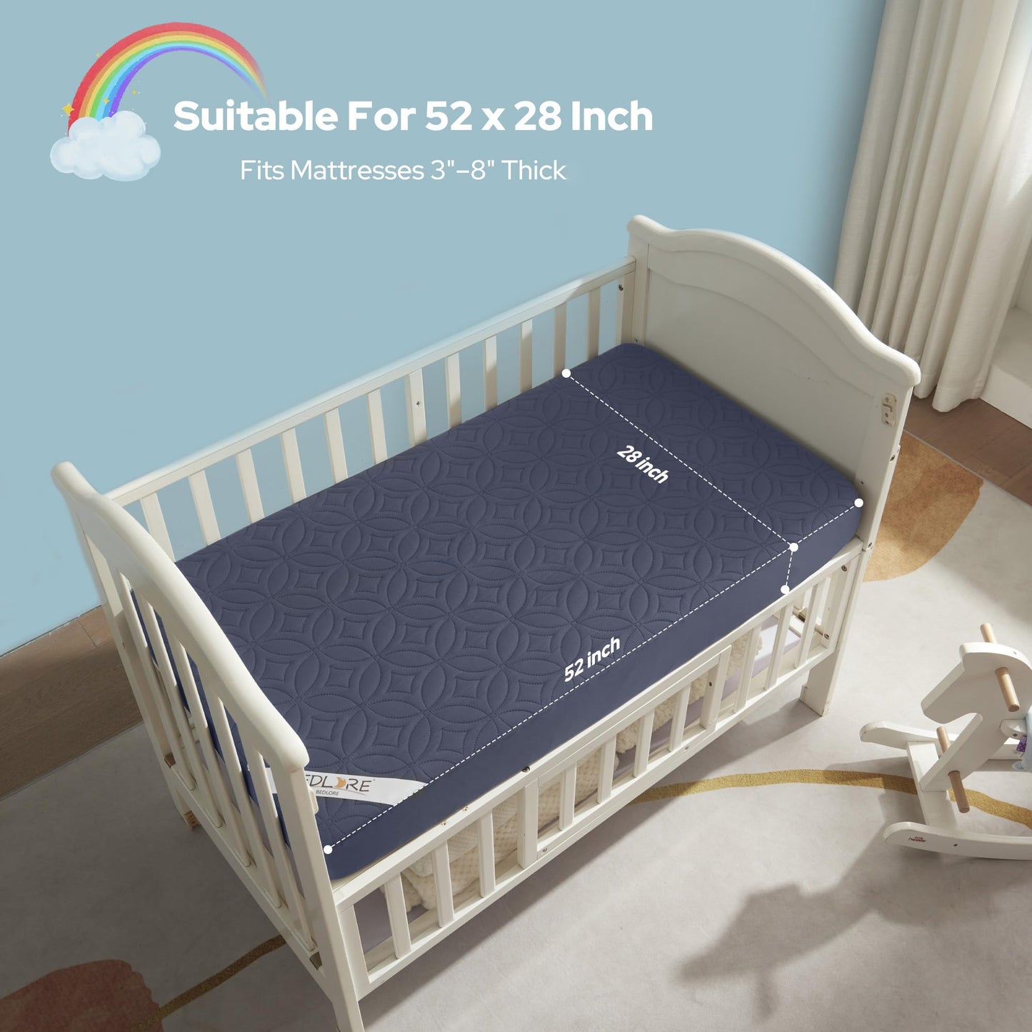 Waterproof Crib Mattress Protector 2 Pack, Soft and Breathable Crib Mattress Pad Cover, Noiseless Machine Washable Toddler Mattress Protector for Standard Baby Toddler Bed (52''x28'',Navy Blue)