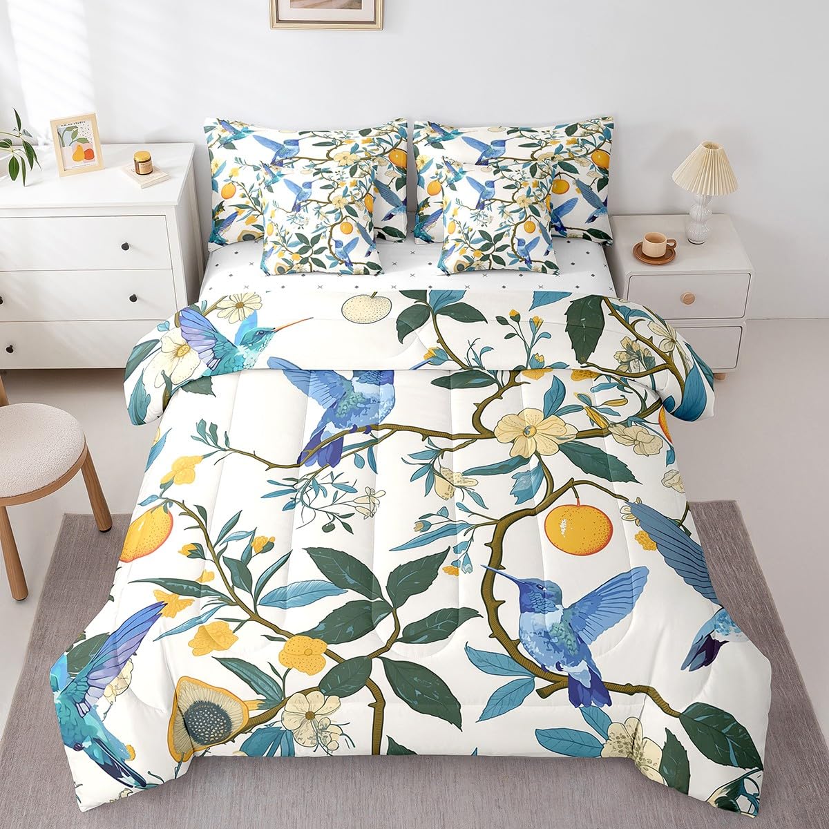 Erosebridal Lemon Tree Branches Bedding Set for Kids Teens,Hummingbirds Comforter Set King Size,Oil Painting Fruit (Comforter+Fitted+Flat Sheet+2 Pillowcases+2 Throw Pillow Covers) 7 Pieces Bed Set