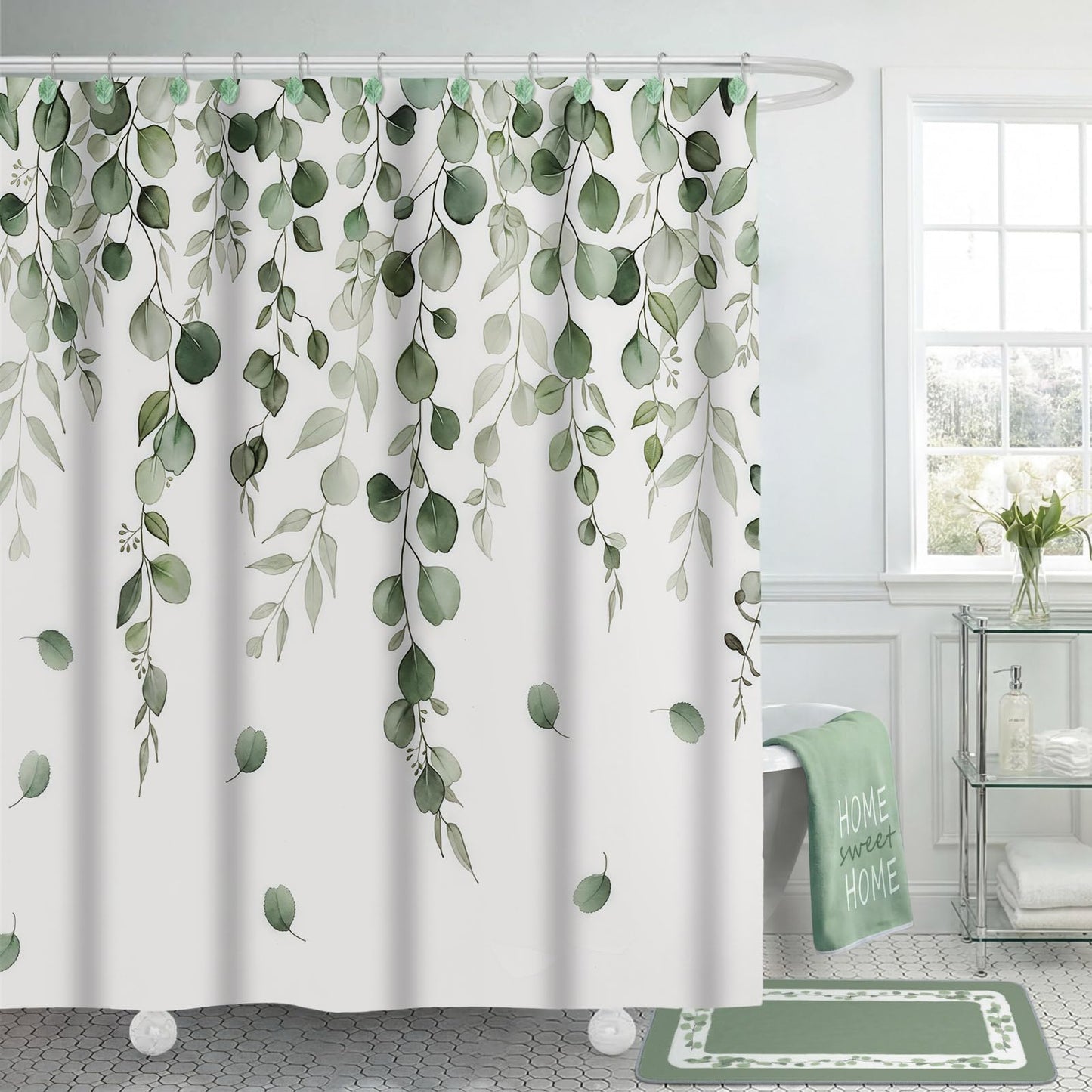Peryiter 21 Pcs Sage Green Bathroom Set Eucalyptus Leaves Shower Curtain with 12 Leaf Hooks, 4 Sage Green Bath Towels 2 Non-Slip Rugs U-Shaped Toilet Mat & Cover Eucalyptus Decor for Bathroom