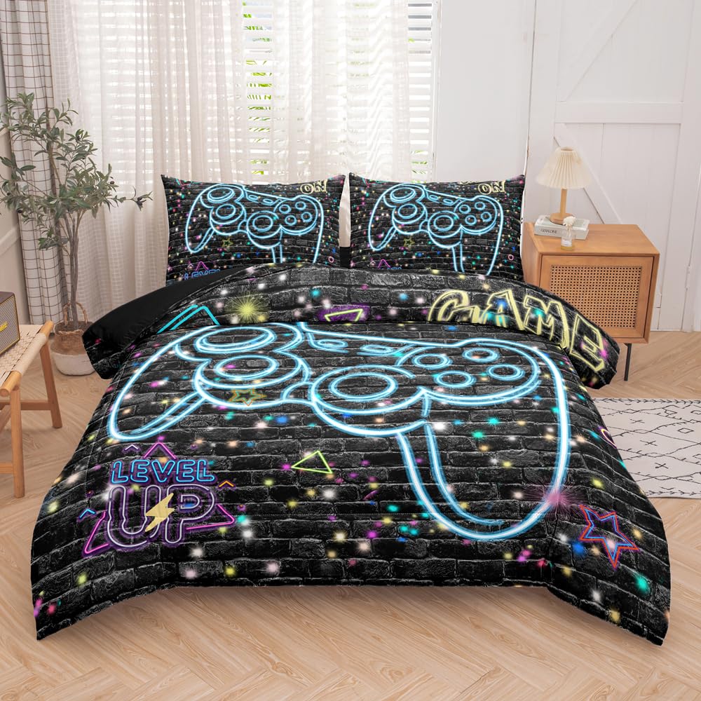 RUPSLO 5Pcs Gaming Comforter Set, Blue Lighting Effect 3D Gaming Contoller Themed Printing Gaming Bedding Sets for Kids Teen Boys,Twin Comforter Sets for Boys