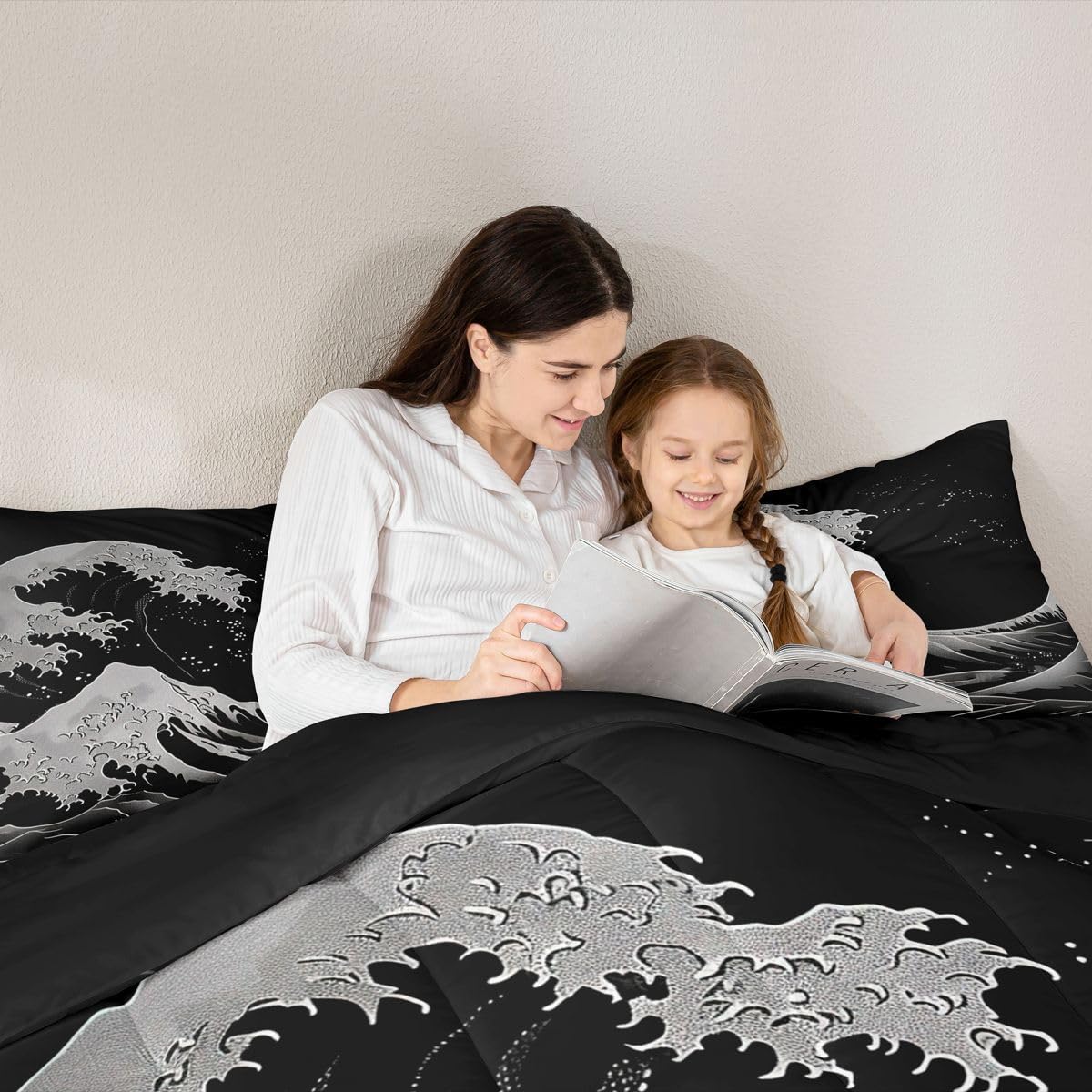 jejeloiu Black and White Wave Bedding Set Soft for Boys Girls, Ocean Wave Comforter Set Queen Size Japanese Style Duvet Quilt Microfiber Abstract Bedroom Decor 3 Pcs with 2 Pillow Cases