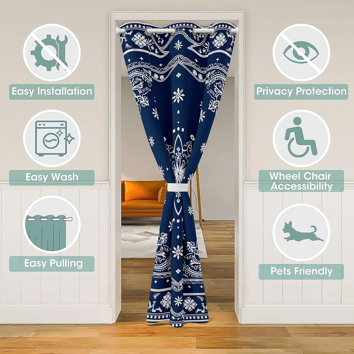Feelyou Flower Door Curtain for Doorway Window 42" x 84" Paisley Thermal Insulated Temporary Room Dividers Boho Paisley Navy Blue Print Closet Cover Bedroom Living Room Microfiber