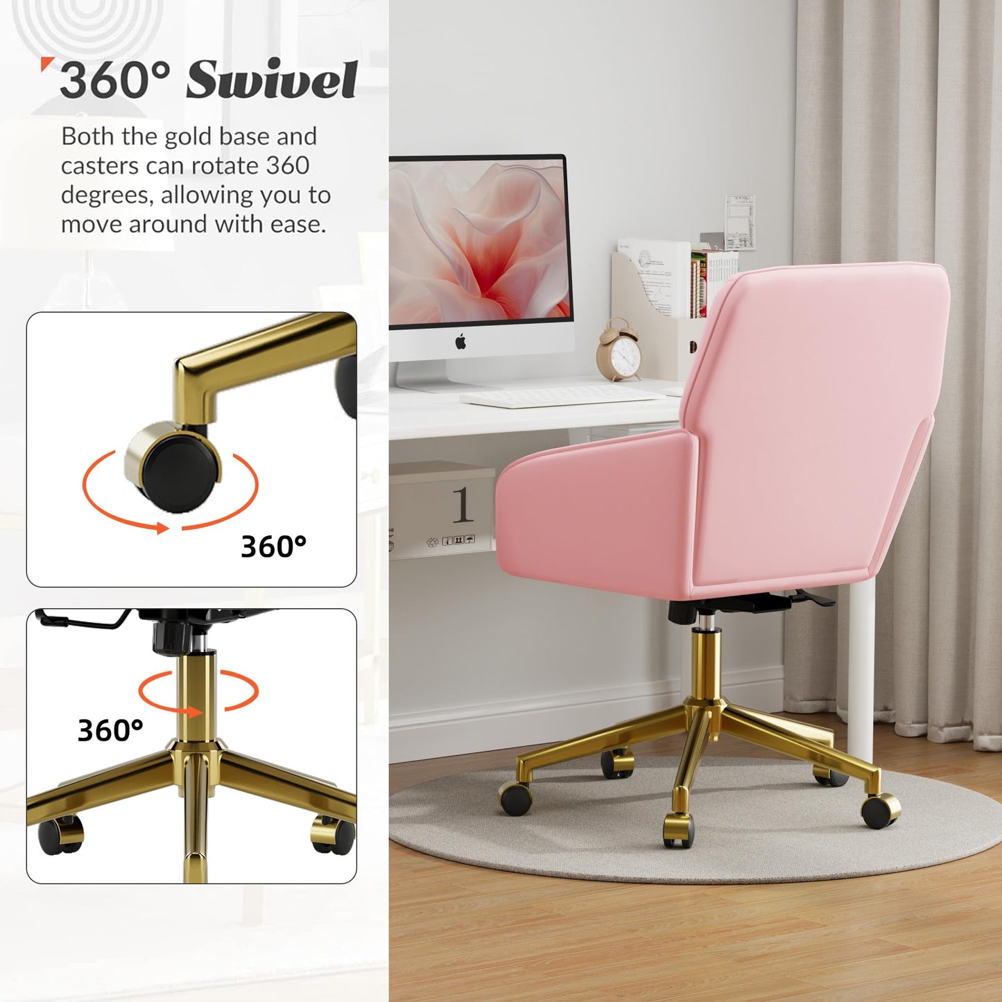 YITAI Velvet Office Desk Armchairs with Gold Base and Wheels,Modern Height Adjustable 360 Degree Swivel Upholstered Vanity Chairs for Living/Room Bedroom/Study,Pink