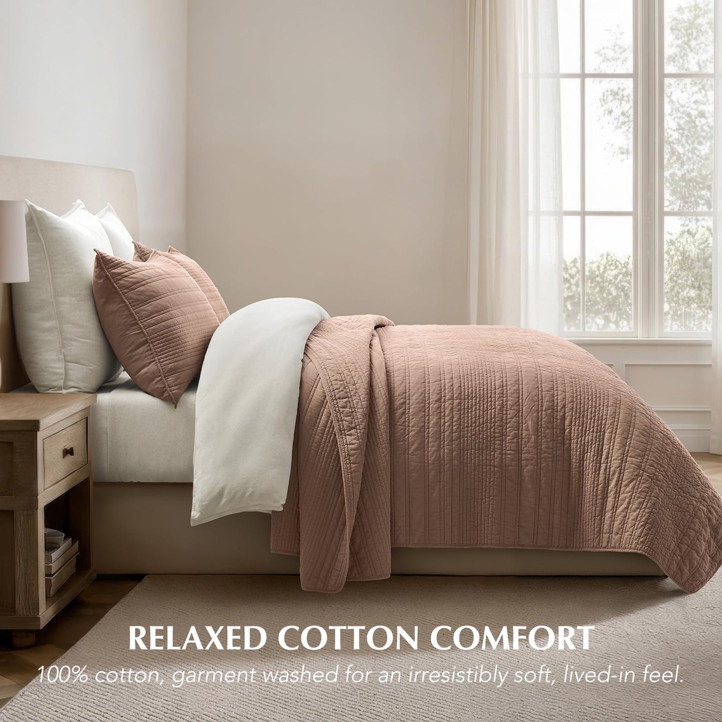 EVERGRACEHOME 100% Cotton Modern Lines Quilt Set King Size, Pre-Washed Soft Striped Coverlet Bedspread, 3 Piece Lightweight Bedding Set for All Season, with 2 Pillow Shams, Rose Dust