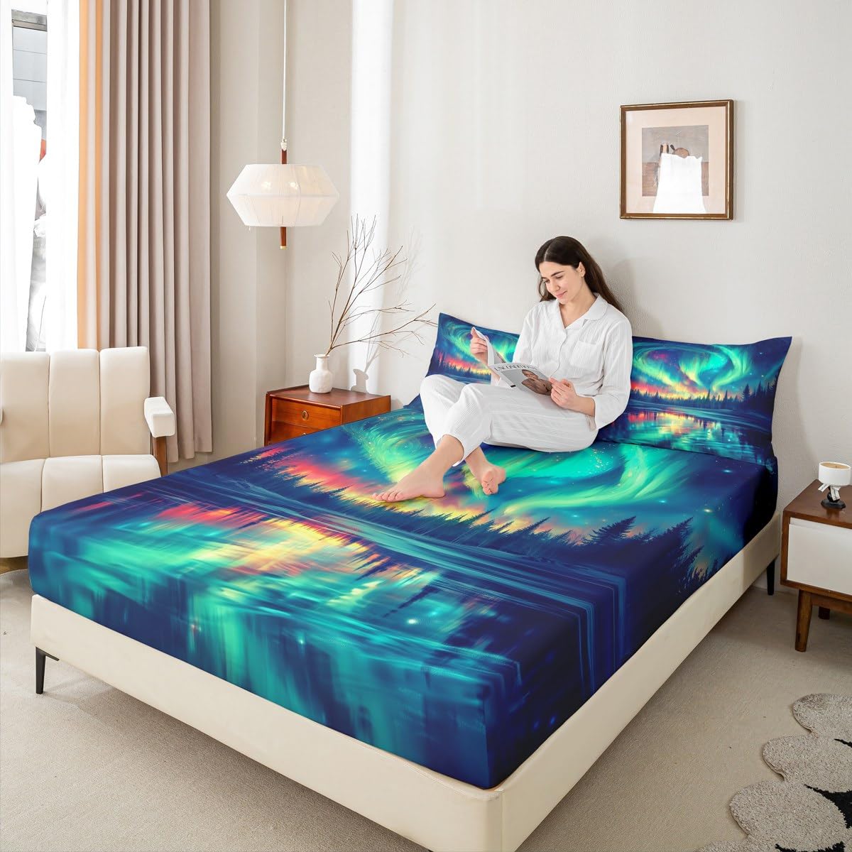Natural Aurora Bed Sheets Set Dreamy Galaxy Arctic Aurora Flat Fitted Sheet Full Gradient Starry Sky Bed Set For Kids Adult Women Green Blue Tranquil Night Sky Bedding Sets With 2 Pillow Cases