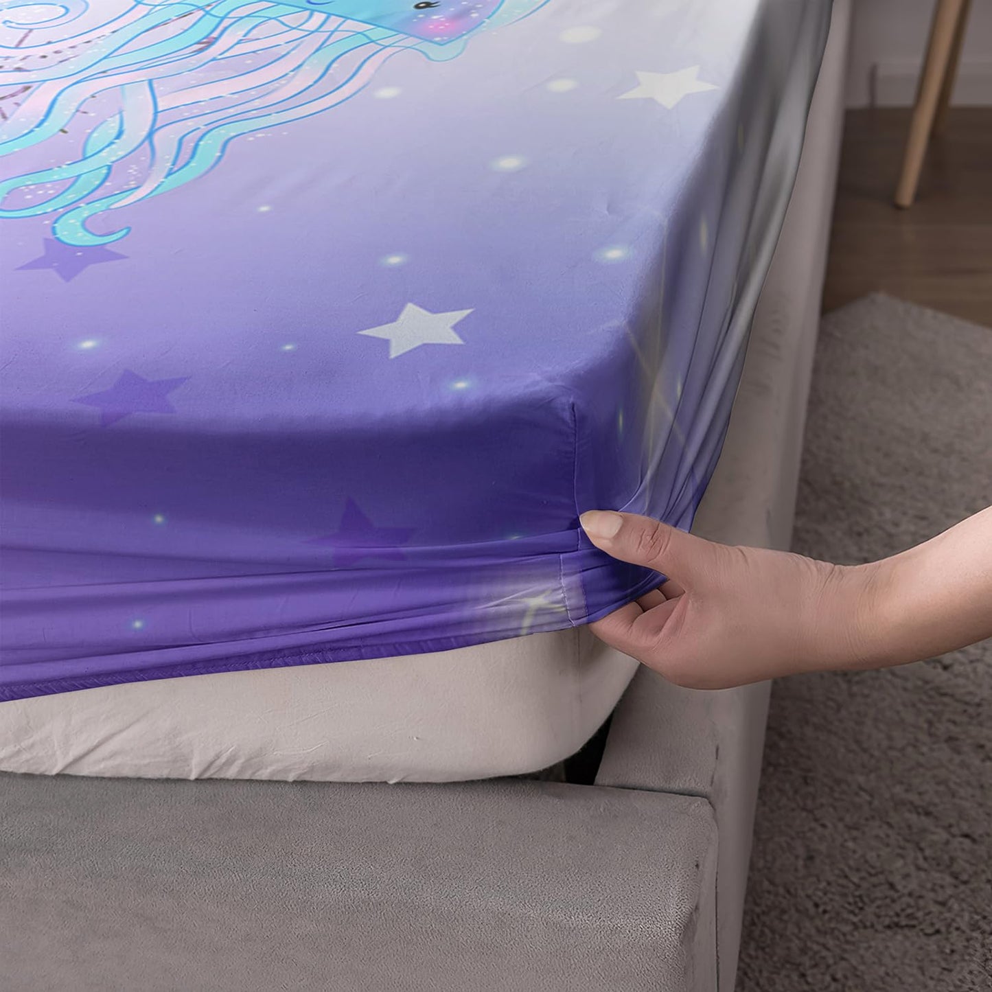 UEVBF Princess Bedding Cute Mermaid Pattern Twin Fitted Sheet Set,Star Jellyfish Ocean Themed Bedding Sets for Kids Toddlers Girls Boys Room Decor,1 Fitted Sheet + 2 Pillowcases.