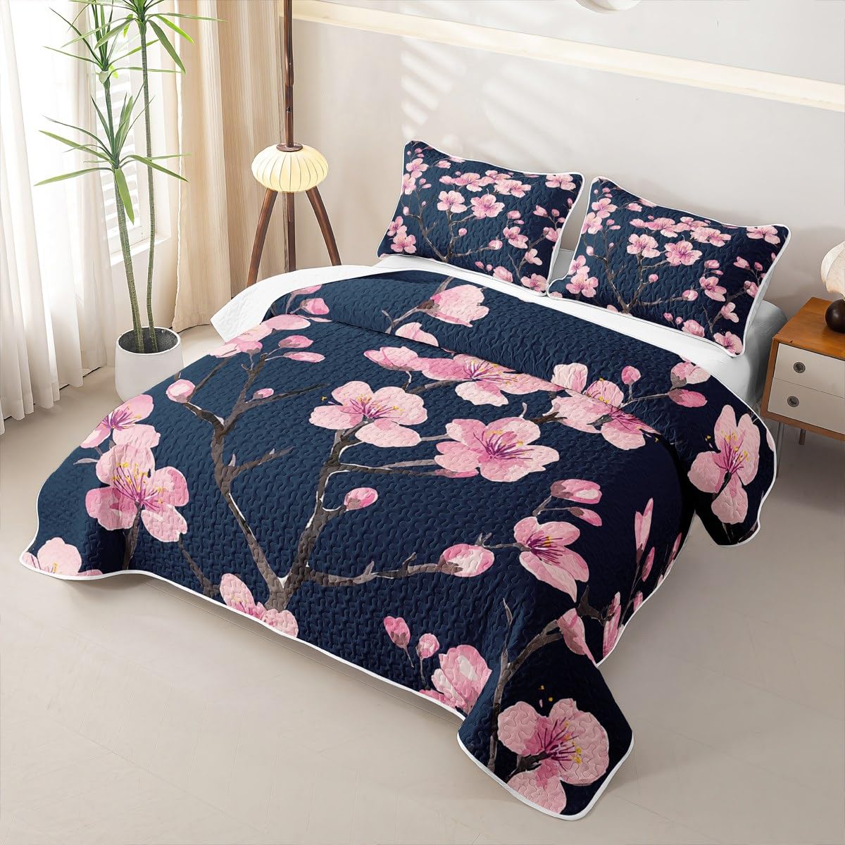 Erosebridal Girl Cherry Blossoms Quilt Set Queen Japanese Style Quilt Pink Flowers Bedding Coverlet Branches Plant Floral Bedspread
