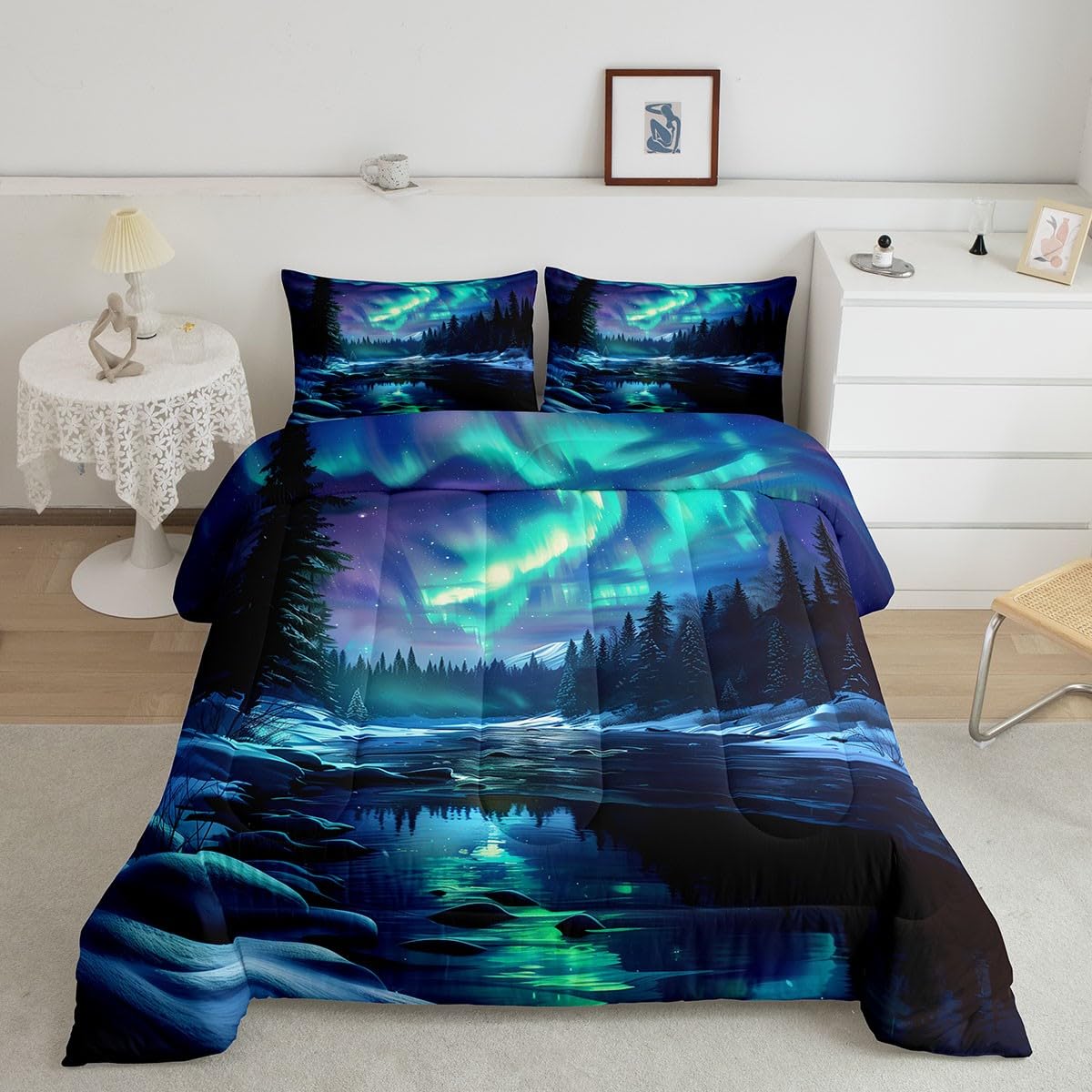 Manfei Northern Lights Kids Comforter Set Twin Size,Pine Trees River Natural Bedding Set Room Decor,Romantic Mysterious Magical Quilt Comforter,Blue and Green Duvet Set Bedroom Quilt Set,1 Pillowcase