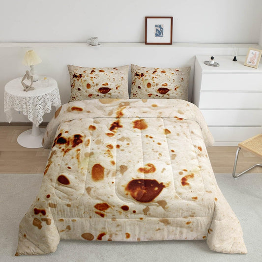 Feelyou Burritos Tortilla Bedding Set for Adult and Kids Ultra Soft Giant Funny Realistic Food Comforter Set Set Breathable Novelty Soft Flannel Taco Comforter King Size Quilted