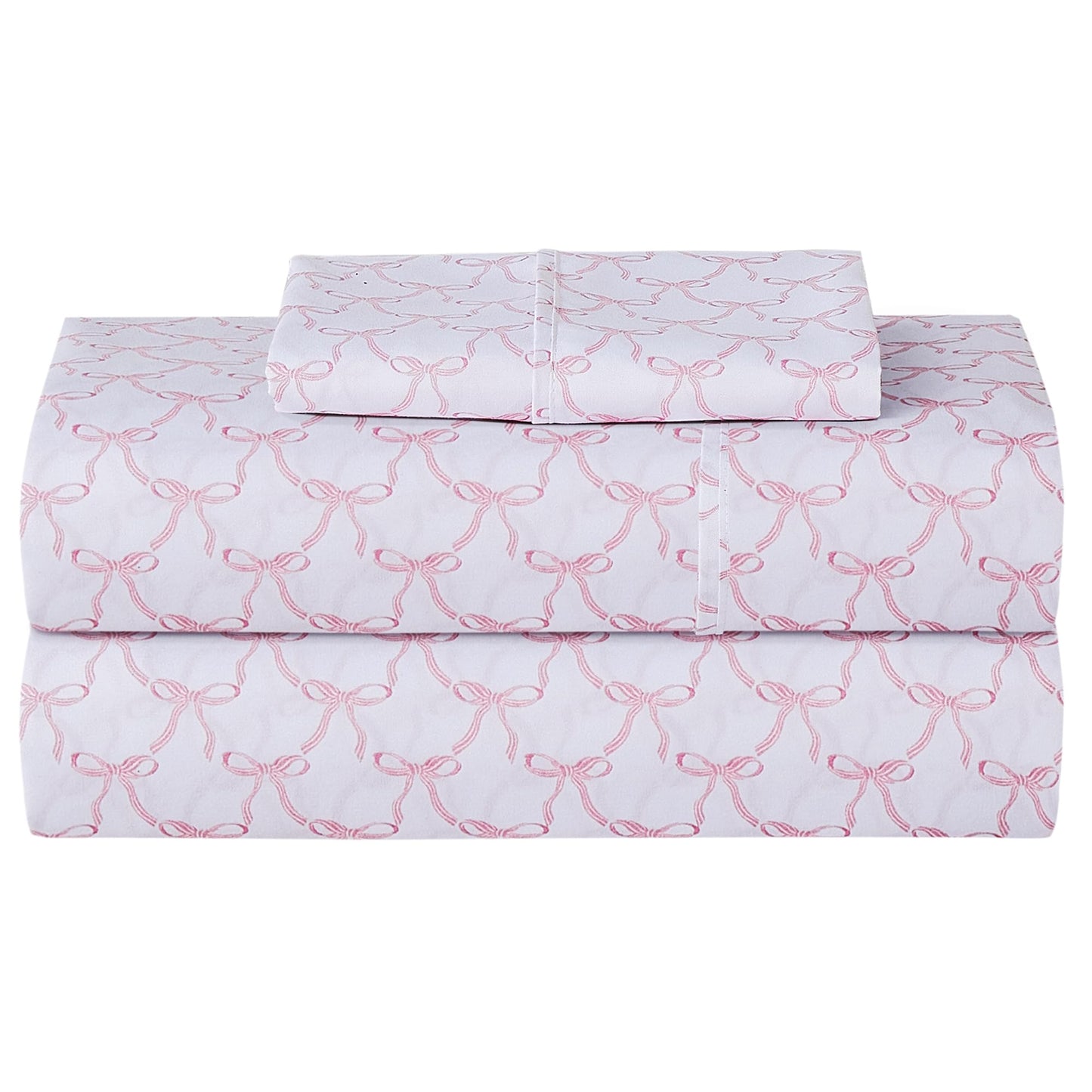 Softan Kids Bed Sheet Set, Girls Full Size Kids Sheets, Microfiber Fitted Sheet and Pillowcase, Breathable and Silky Soft, 4 Piece Pink Bowknot Printed Full Bed Sheet