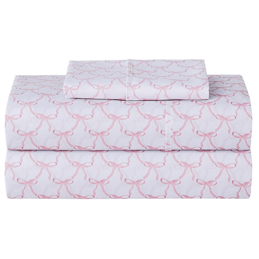 Softan Kids Bed Sheet Set, Girls Full Size Kids Sheets, Microfiber Fitted Sheet and Pillowcase, Breathable and Silky Soft, 4 Piece Pink Bowknot Printed Full Bed Sheet