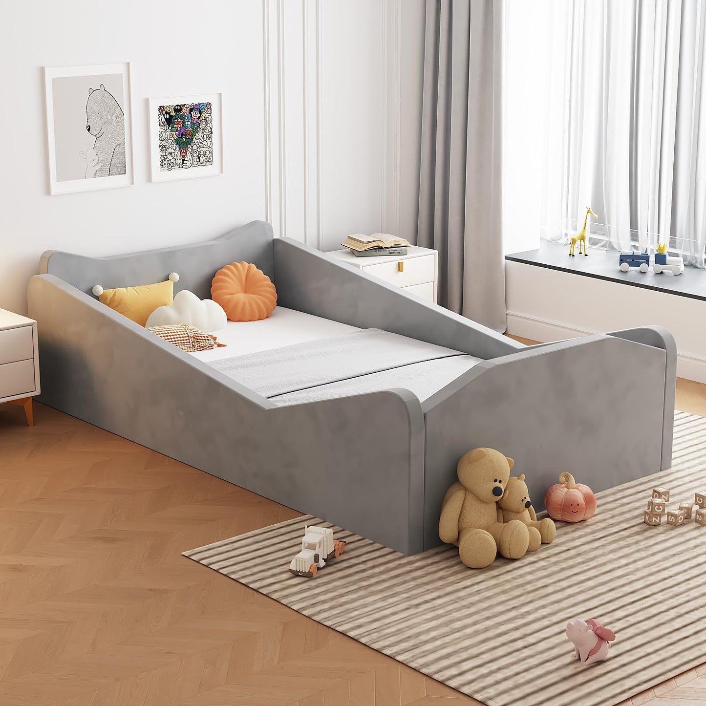 JOYMOR Toddler Bed, Floor Bed with Safety Guadrail, Montessori Toddler Bed with Animal Ear Shapes, Soft Velvet Wood Bed for Infant, Kids, Mattress not Included (Gray)