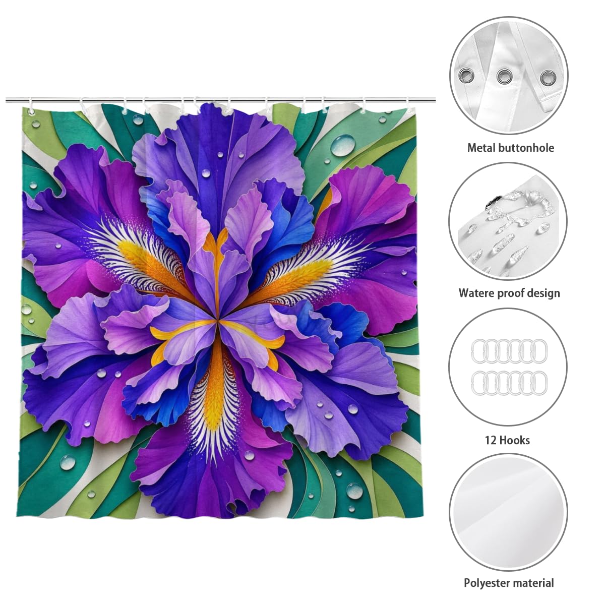 Youtoko Rose Floral Shower Curtain 72x72 Inch with 12 Hooks Polyester Decorative Bath Decor Botanical Wreath Pattern Panel Romantic Style for Master Bathroom