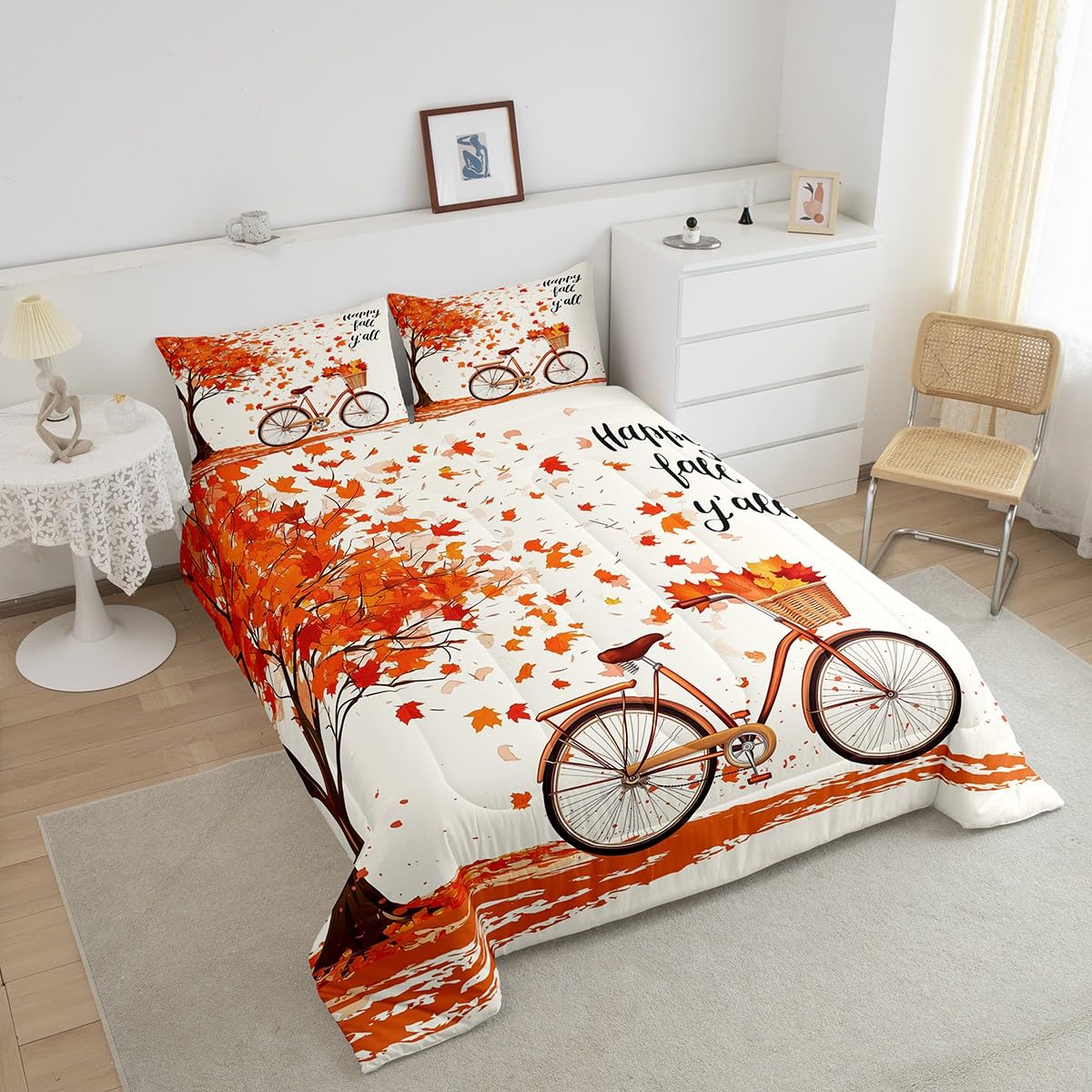 Fall Style Maple Leaves Comforter Set Queen Size, Rustic Farmhouse Bike Quilt Set for Home Room Decor,Thanksgiving Gifts Bedding Retro Nature Plants Duvet Insert, 2 Pillowcases