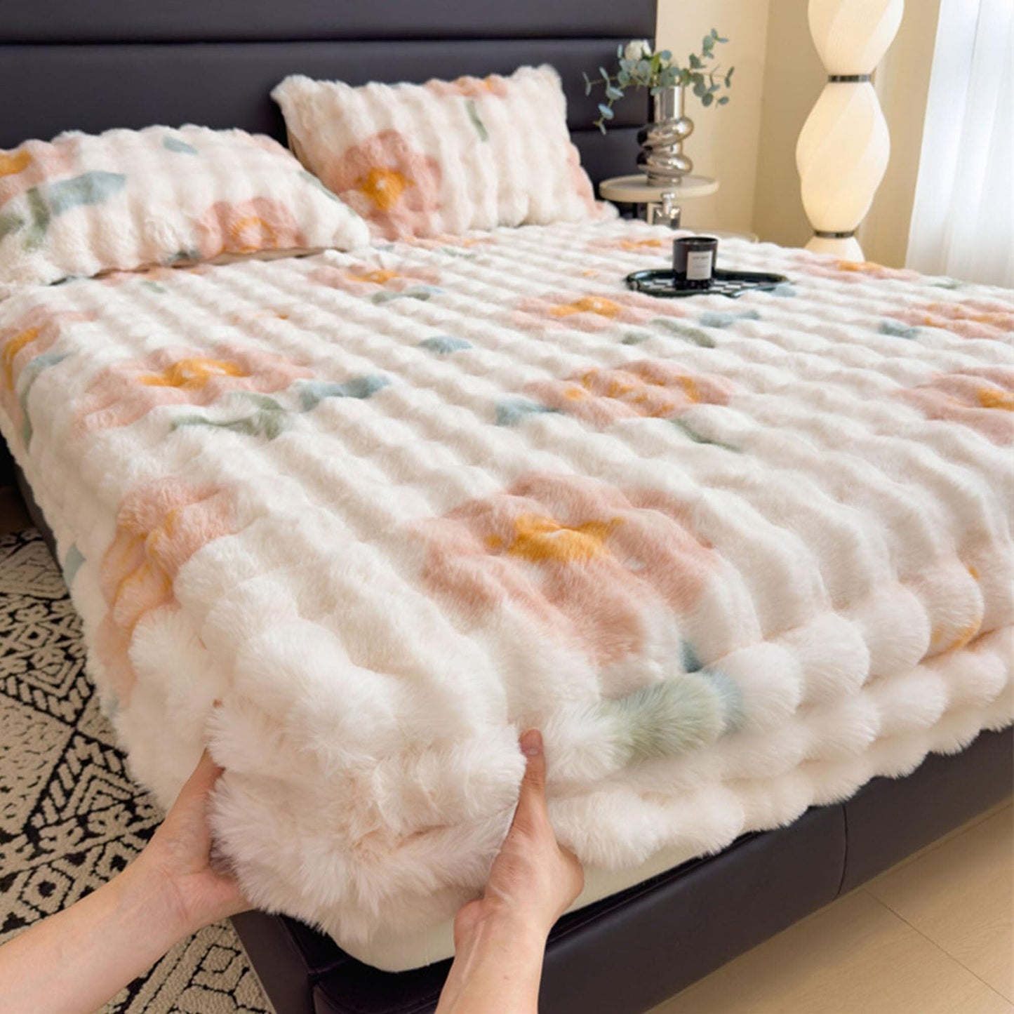 Elastic Bed Sheets, Milk Velvet Fitted Sheet, Winter Warm Mattress Cover, Faux Rabbit Fur Fitted Sheets, Fluffy Mattress Protector Bedspread, Machine Washable and Non-Fade(I,2 Pillowcases)